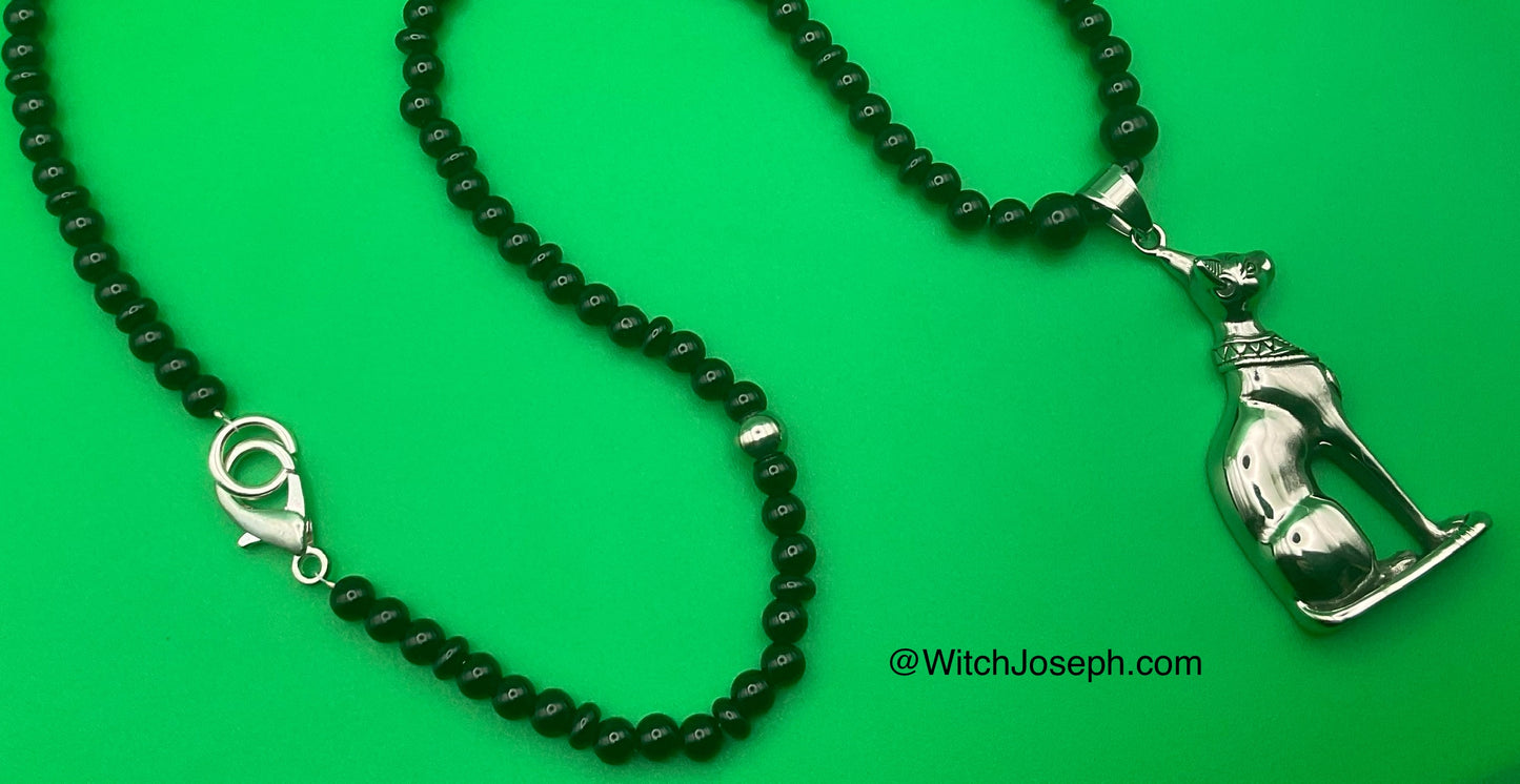 Bastet Talisman with Black Glass Beads and Steel Accents