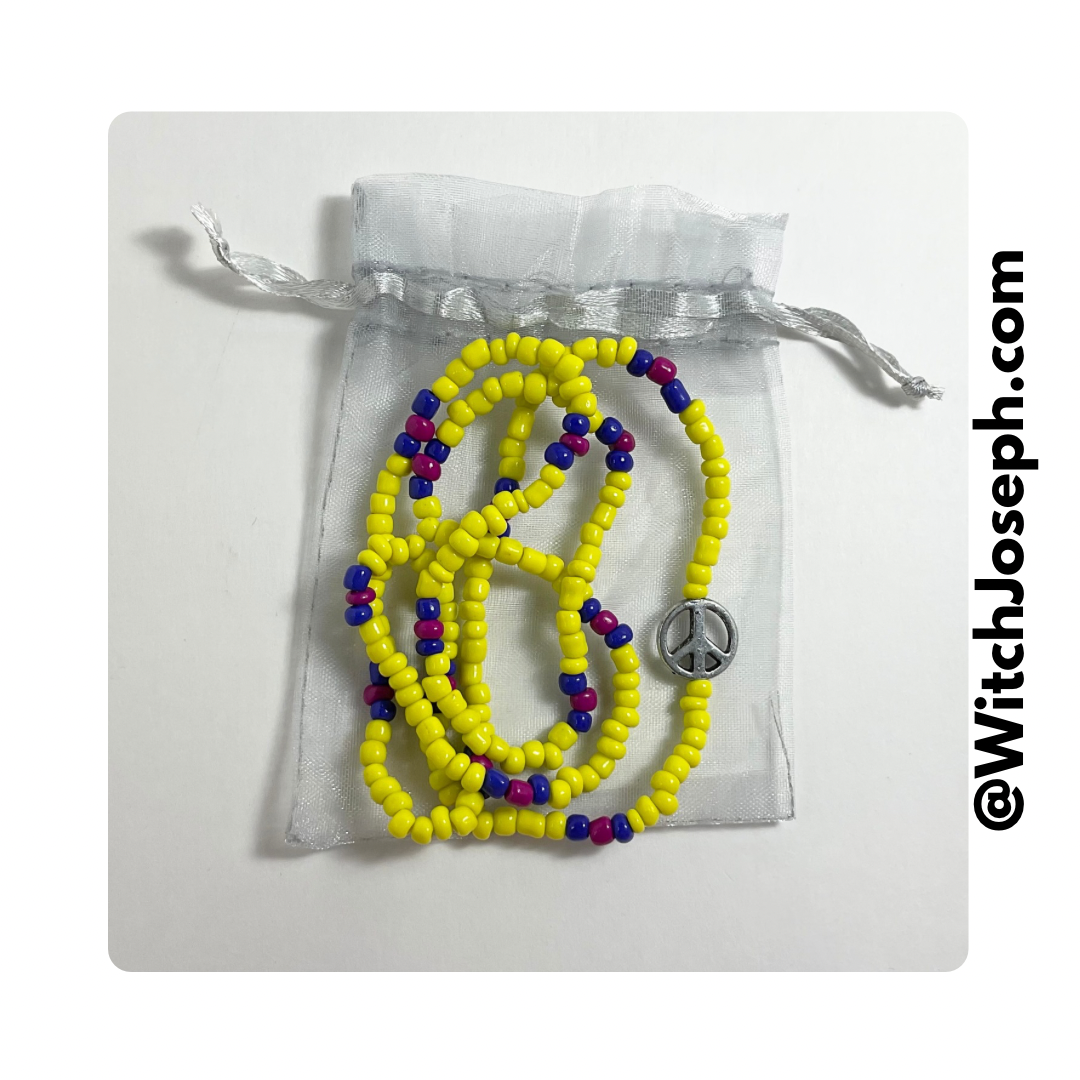 Yellow with Blue and Pink Love Beads with Silver Tone Peace Sign