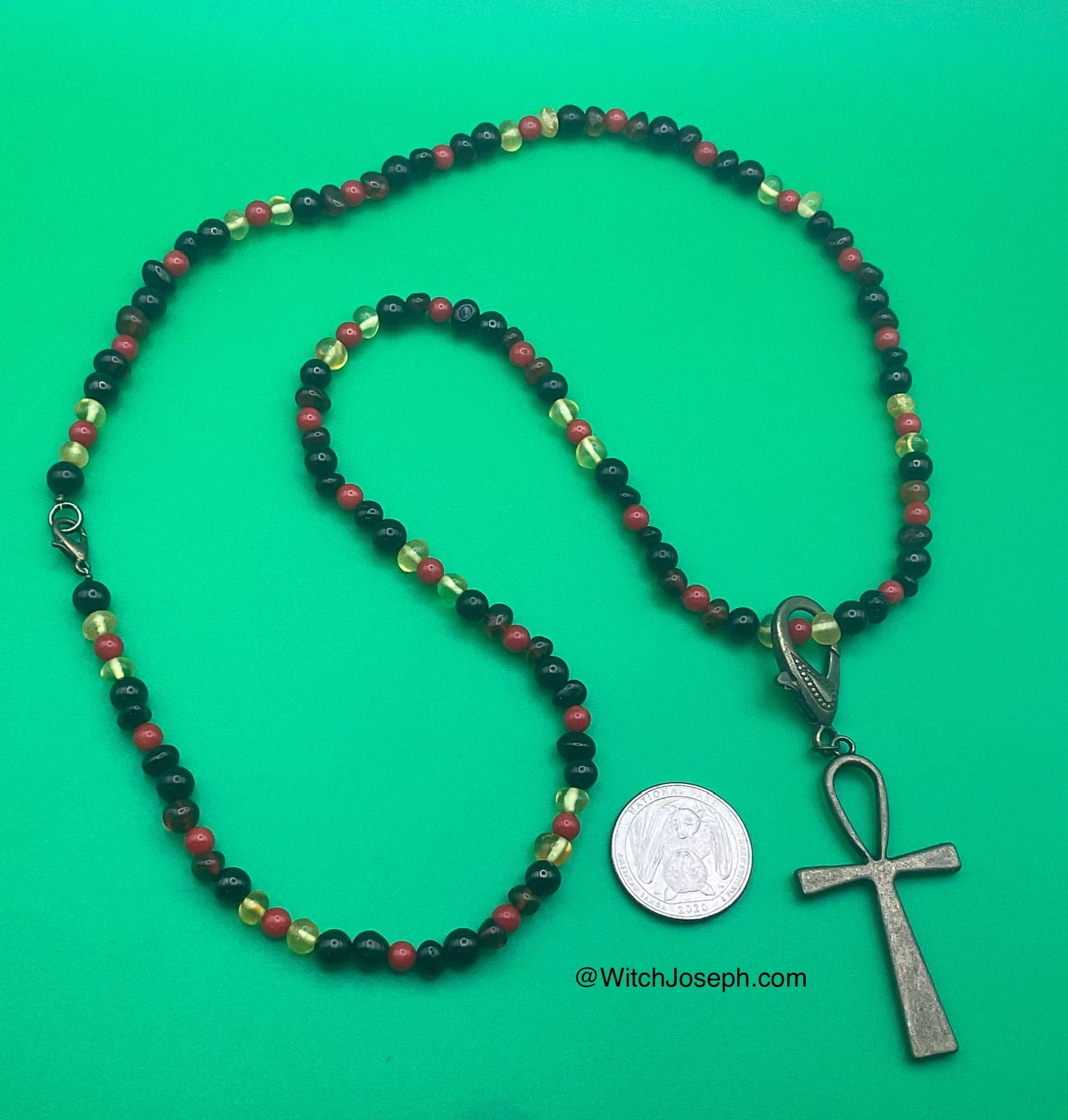 Amber and Jet Ankh Talisman with Red Coral Accents