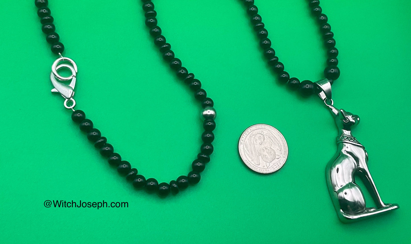Bastet Talisman with Black Glass Beads and Steel Accents