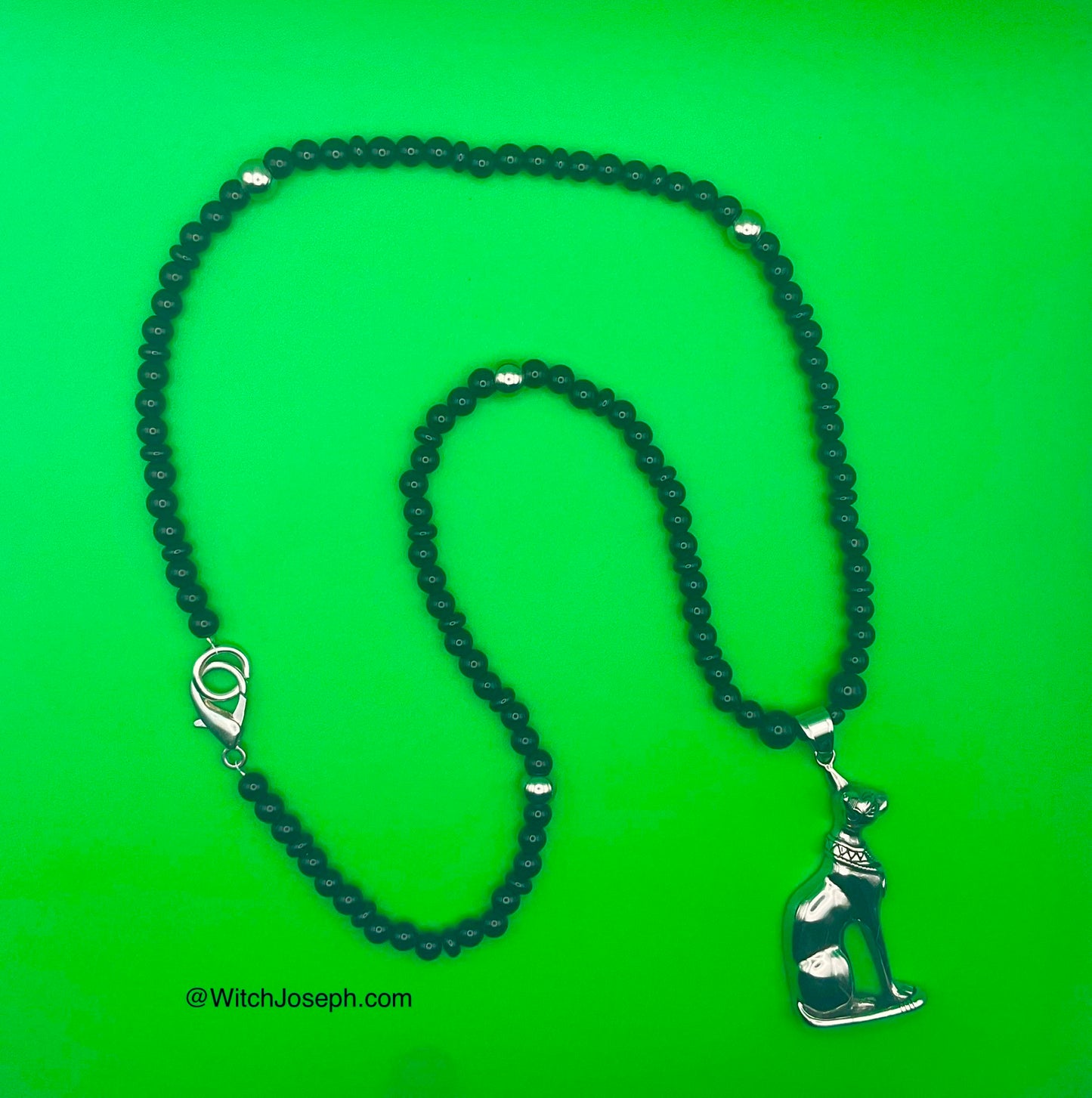 Bastet Talisman with Black Glass Beads and Steel Accents