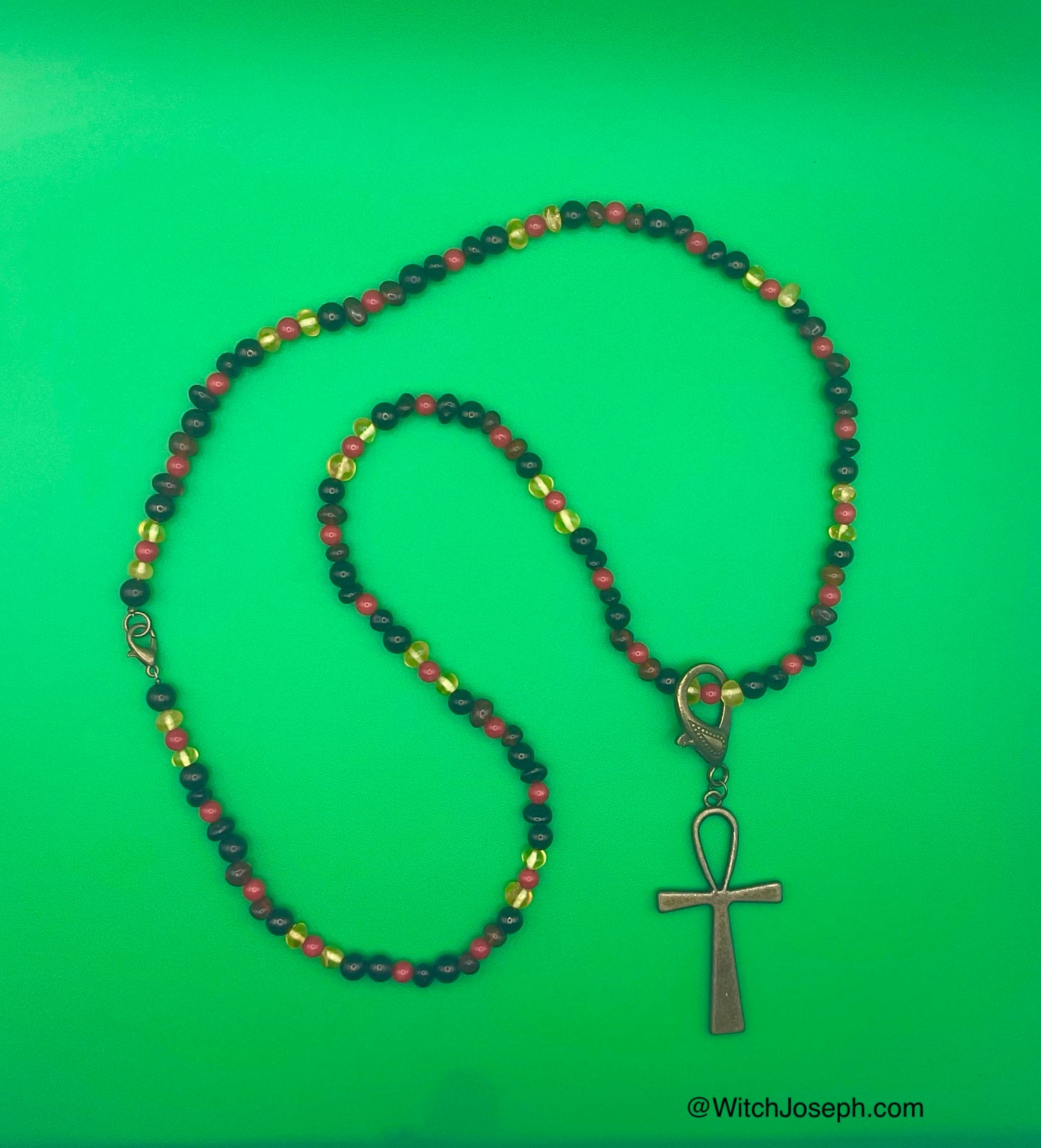 Amber and Jet Ankh Talisman with Red Coral Accents