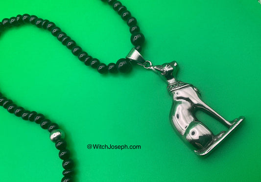 Bastet Talisman with Black Glass Beads and Steel Accents