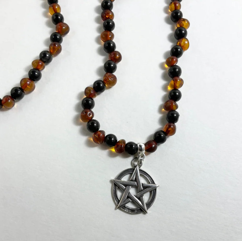 Baltic Amber and Jet with Sterling Silver Pentacle and Accent Beads