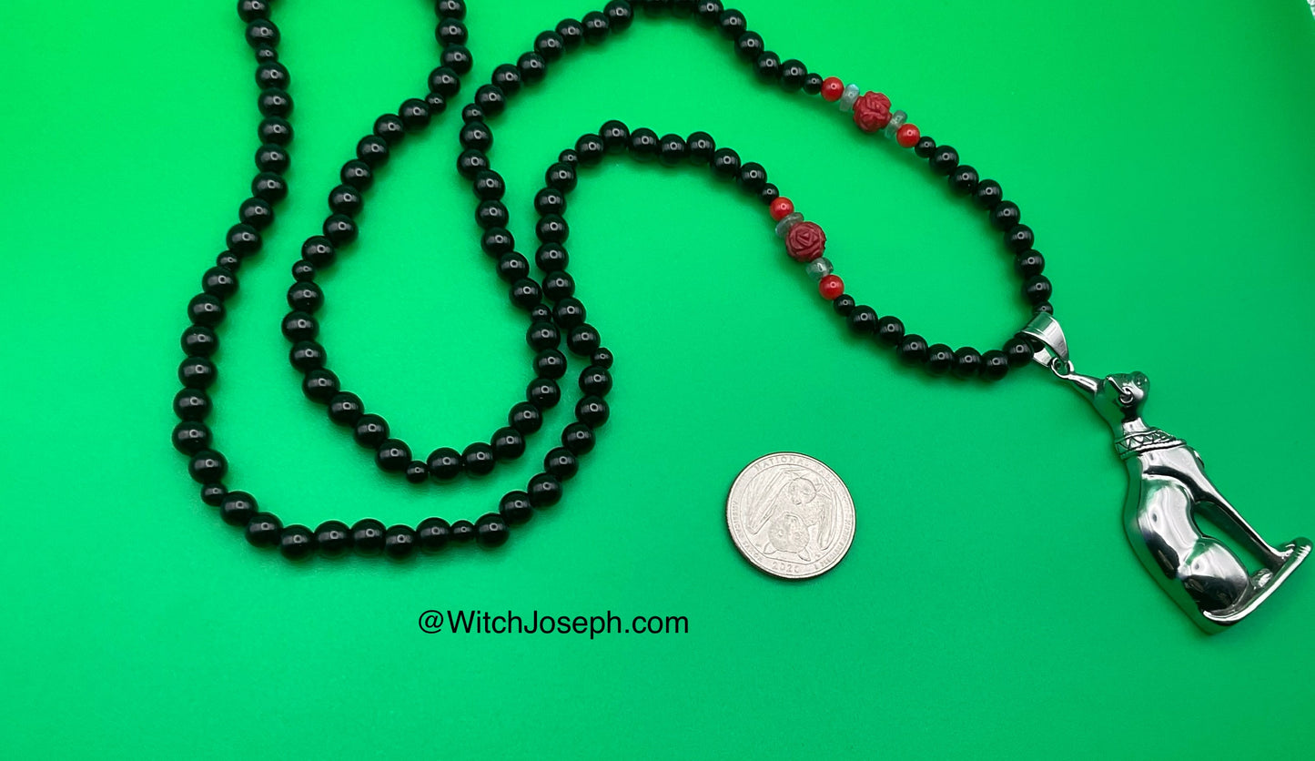 Bastet Talisman with Red Coral Rose and Labradorite Chips