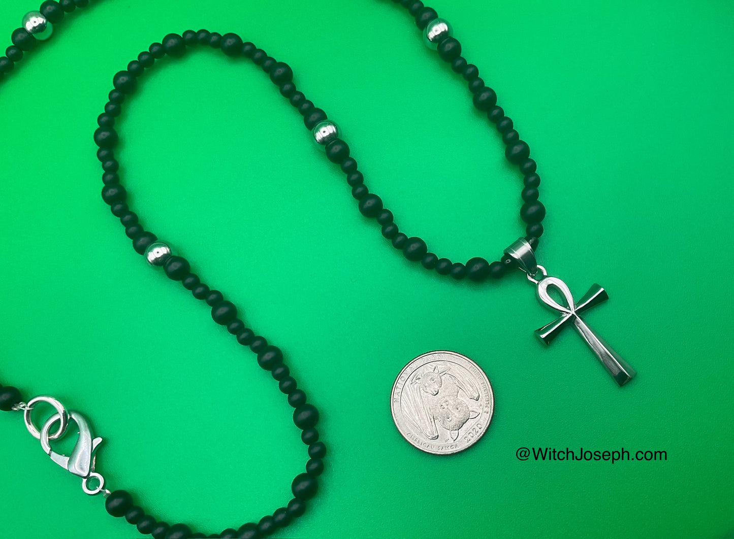 Ankh Talisman With Black Beads and Steel Accents