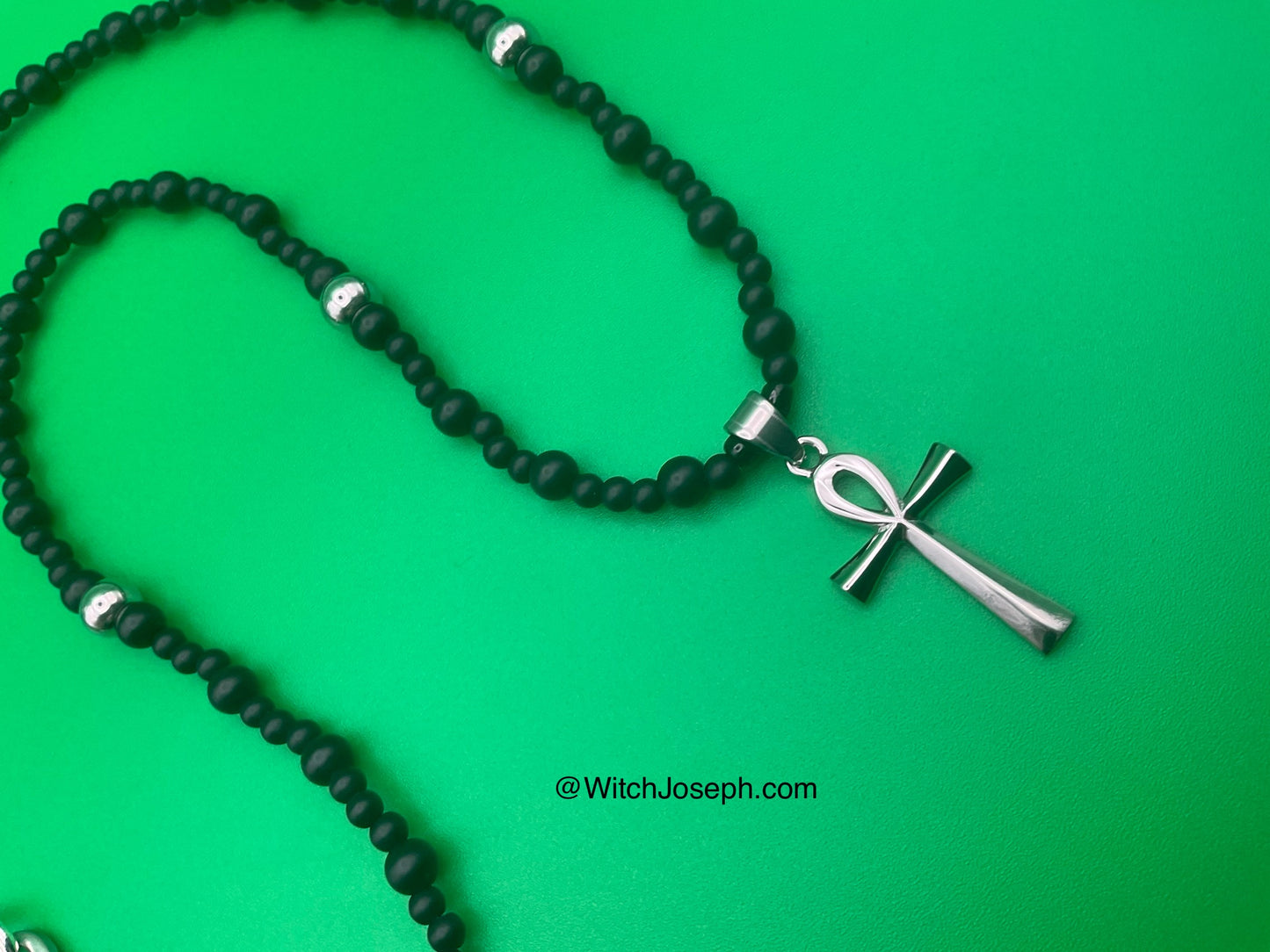 Ankh Talisman With Black Beads and Steel Accents