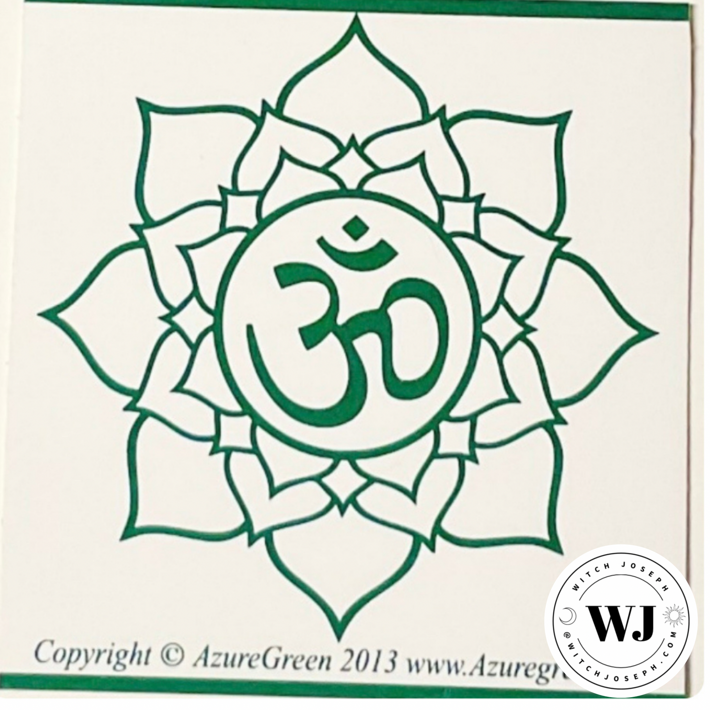 Green Om symbol inside a lotus flower on a white background with AzureGreen branding.