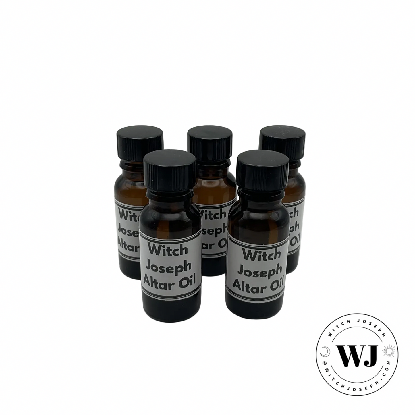 Witch Joseph Altar Oil bottles with labels displayed on a white background
