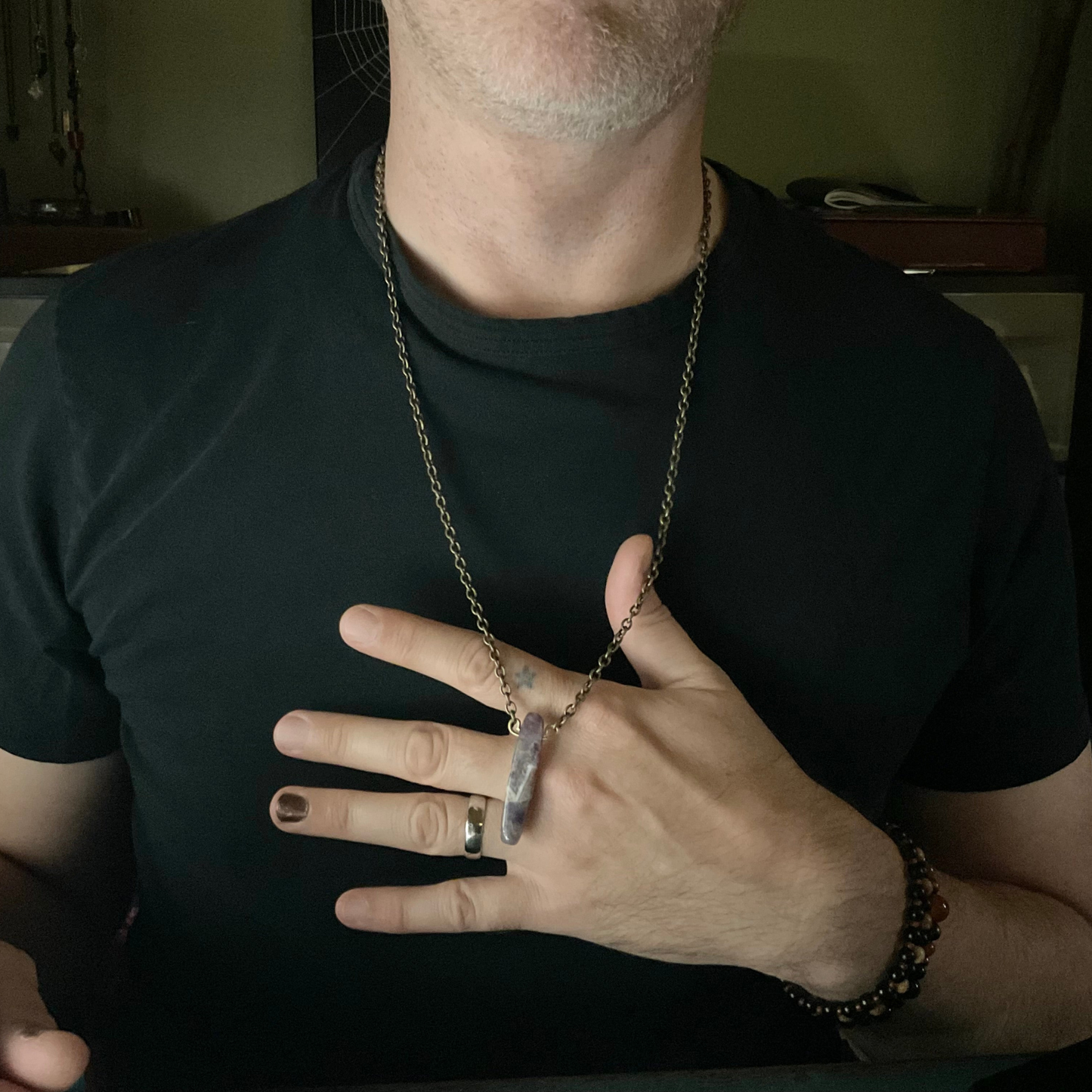 Person wearing a black shirt with a bronze tone necklace with amethyst parrot wing cut stone