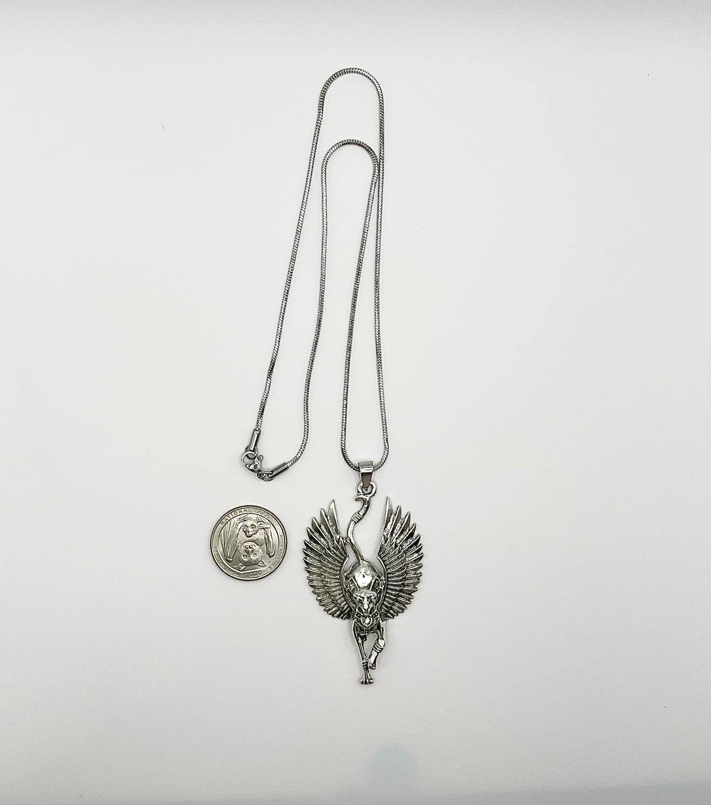 Bastet with Wings Metal Pendant on Stainless Steel Chain