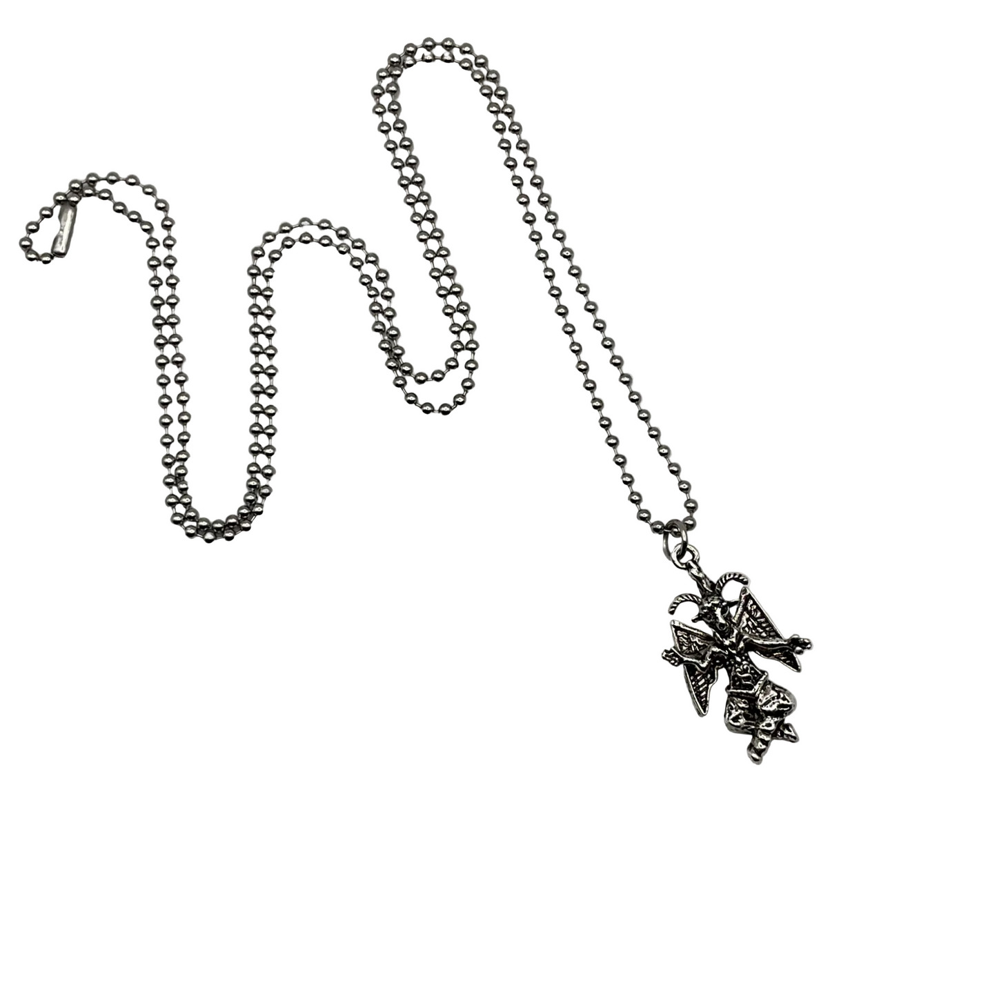 Silver tone necklace with a Baphomet figure pendant on a white background