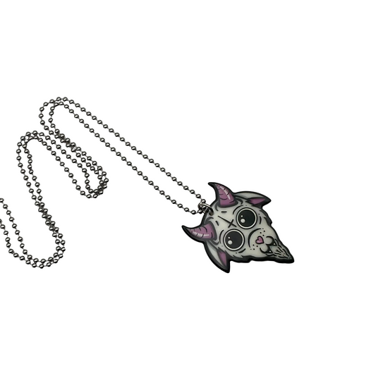 Necklace with a whimsical Baphomet goat head pendant on a ball chain on a white background