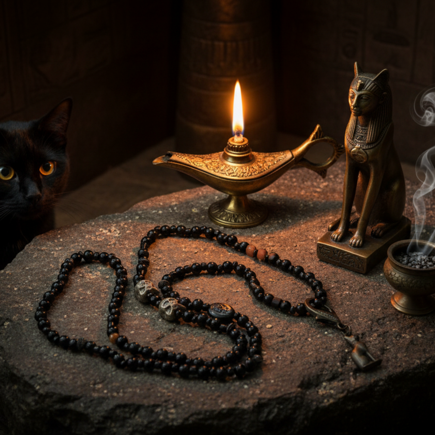 Decorative scene with a black cat, lamp, statue, and a beaded Bastet talisman with bronze tone cat pendant and cat beads…displayed a rustic stone surface with hieroglyphic inscriptions on the wall behind