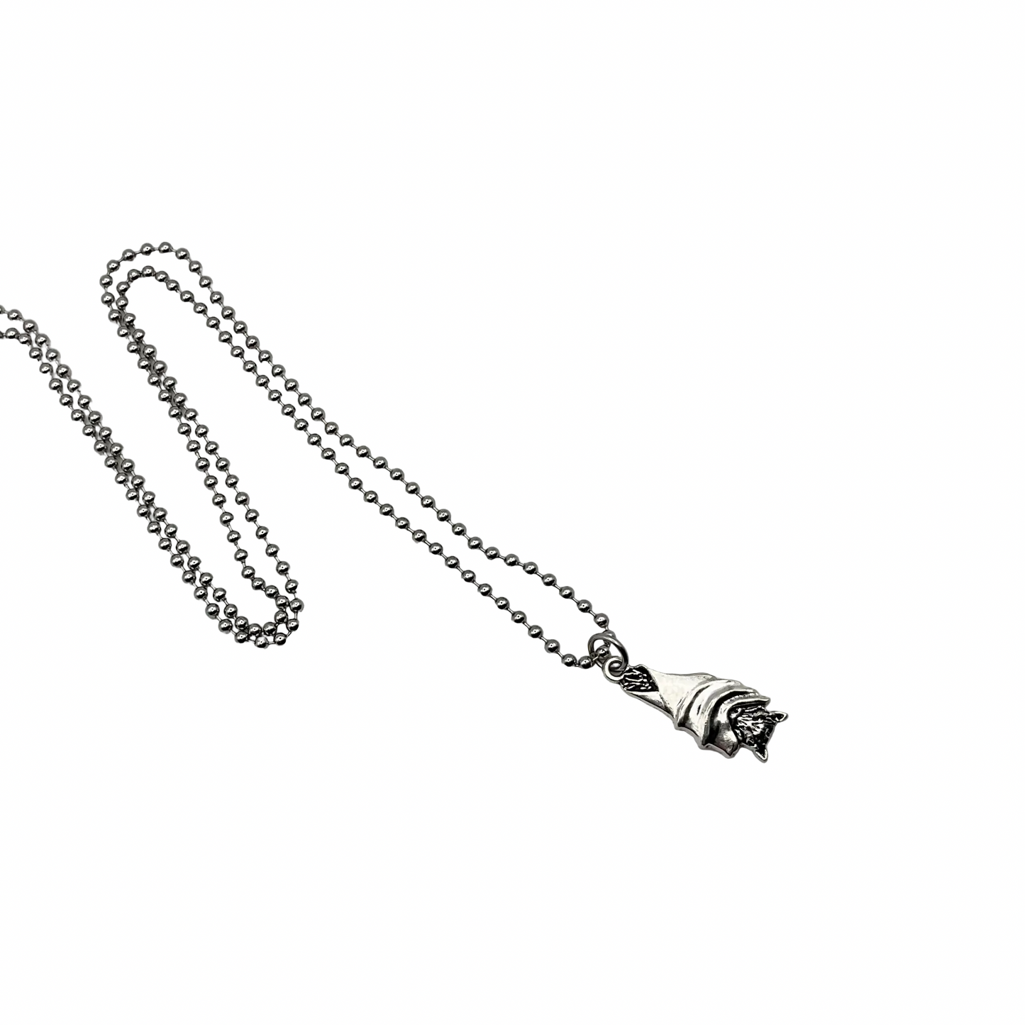 Silver tone necklace with a small silver tone Bat pendant on a white background