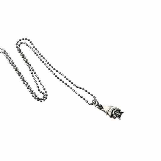 Silver tone necklace with a small silver tone Bat pendant on a white background