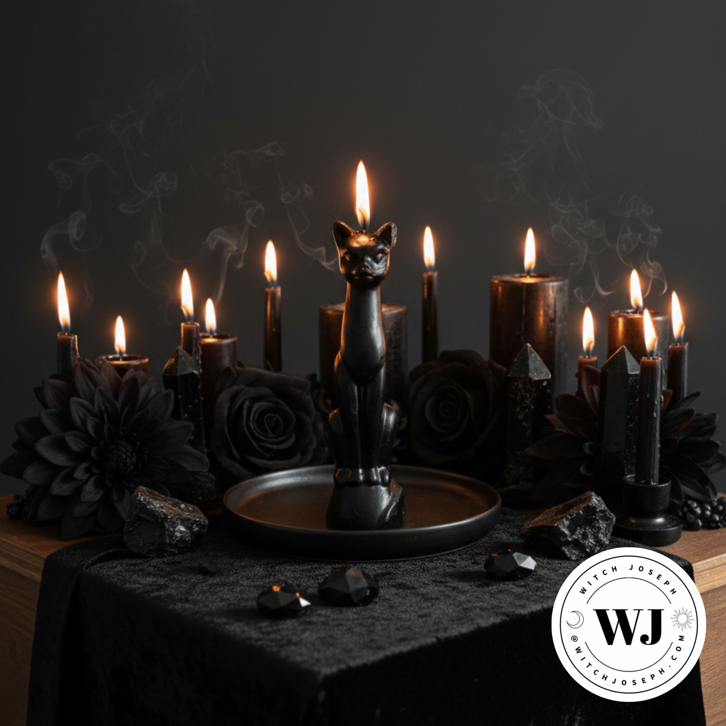 Dark-themed altar setup with candles, a black cat candle, and WJ logo.