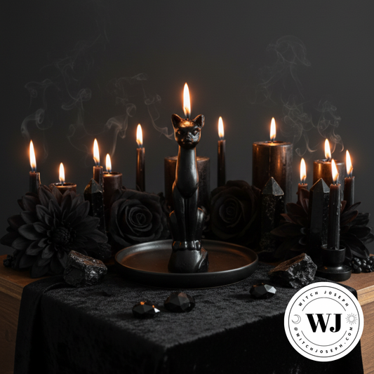 Dark-themed altar setup with candles, a black cat candle, and WJ logo.