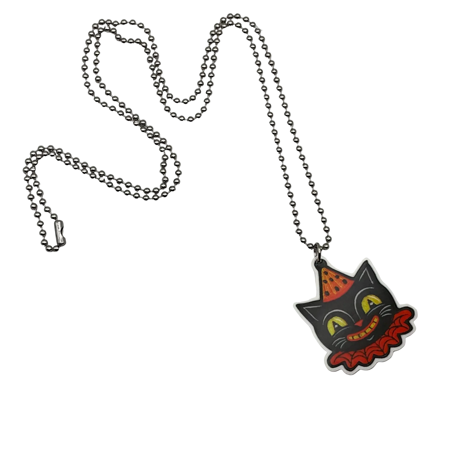 Black cat in a party hat with collar acrylic pendant on a ball chain against a white background
