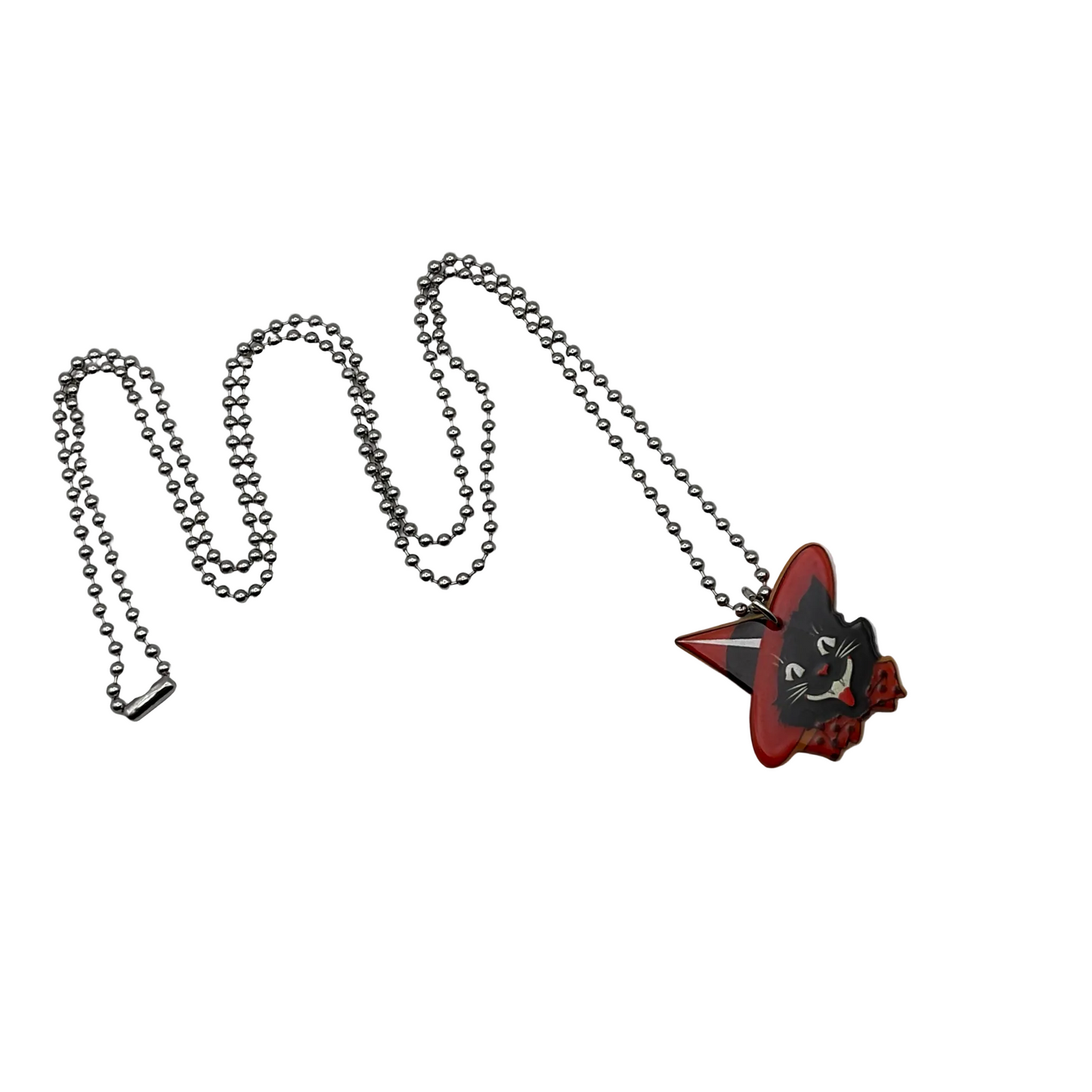 Vintage style Necklace with a red and black cat in witch hat pendant on a white background