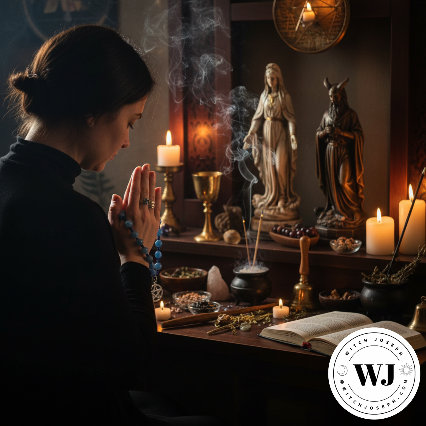 Woman praying in front of pagan religious statues and candles holding the blue pentagram prayer beads in her hands