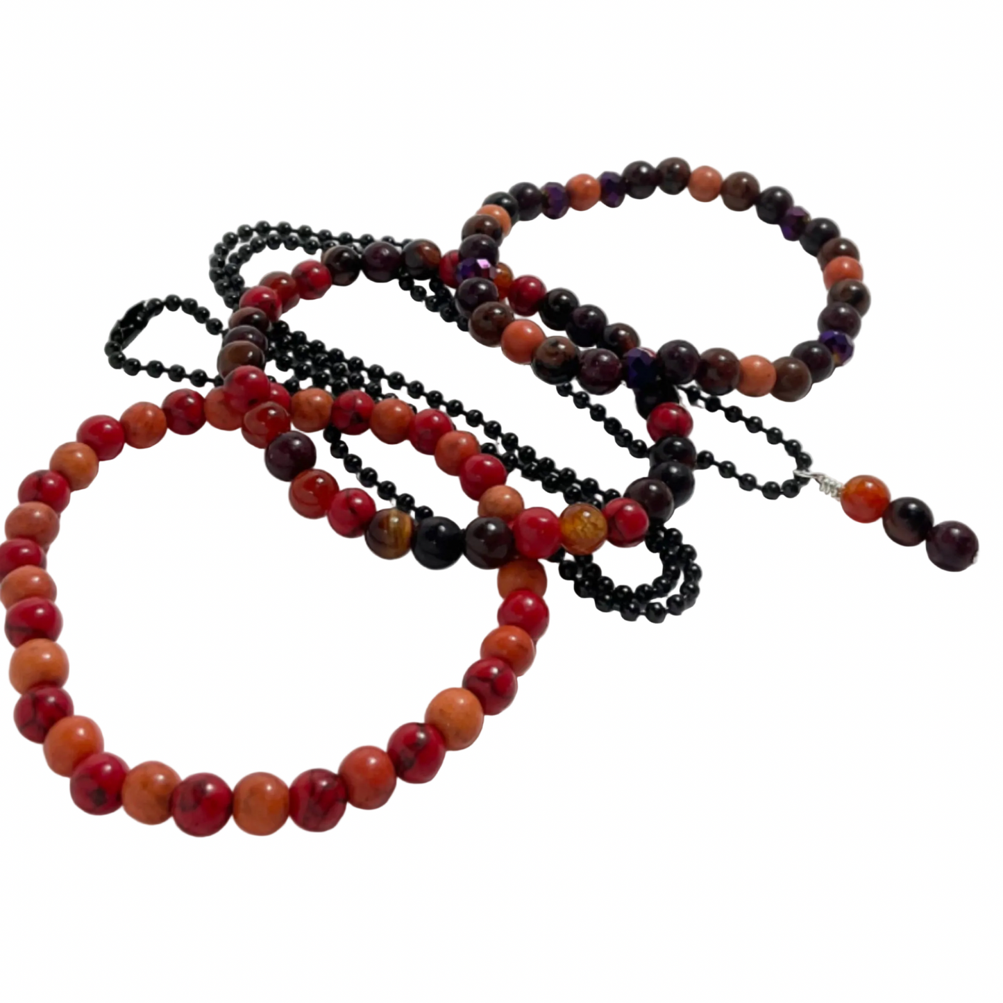 Colorful beaded autumnal bracelet set with necklace displayed on a white background
