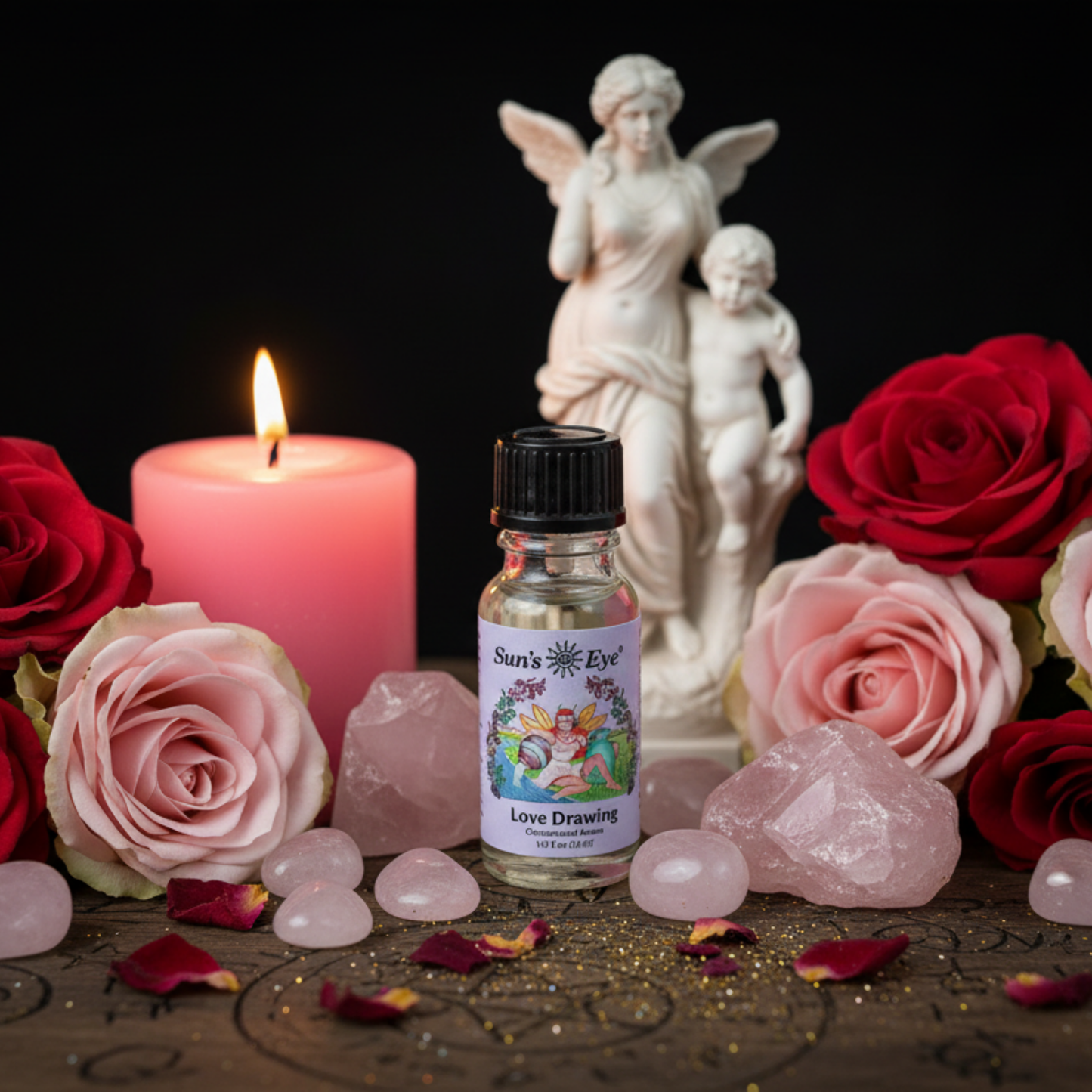 a bottle of Suns Eye Love Drawing oil on an altar with roses and crystals and a statue of Venus and Cupid.