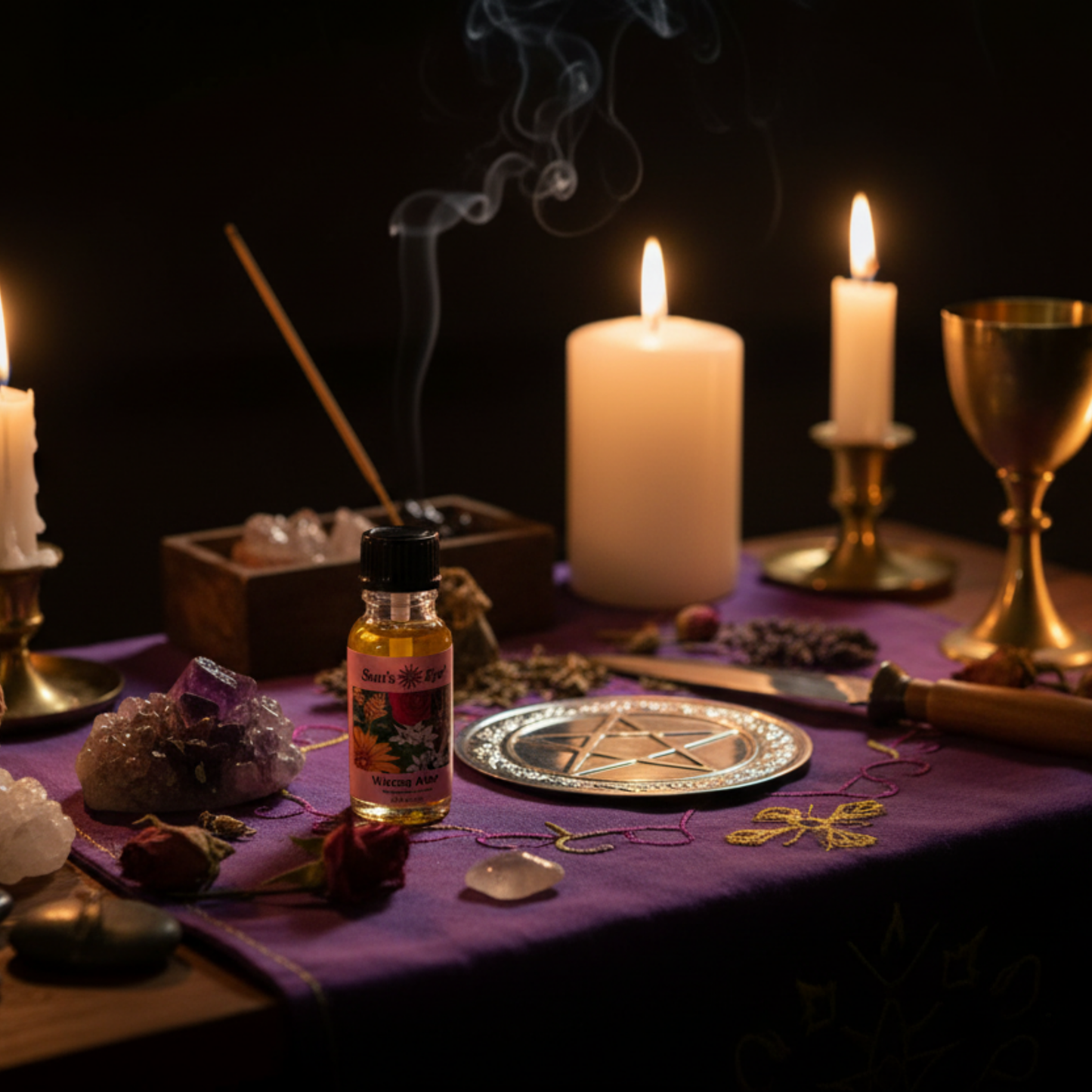 Bottle of Wiccan Altar oil sitting on a Witch Altar with candles and altar tools