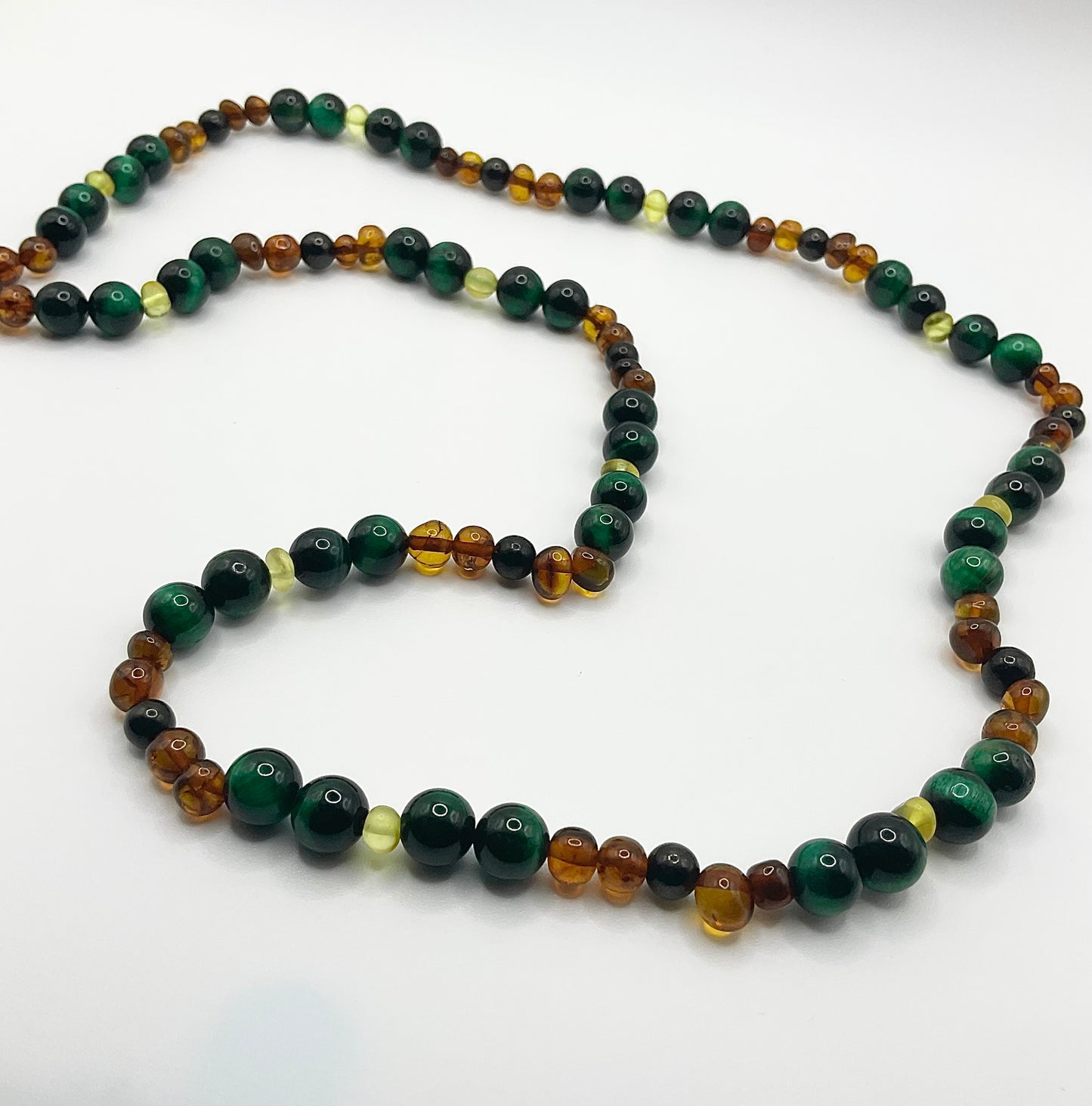 Amber and Jet with Green Tigers Eye Necklace