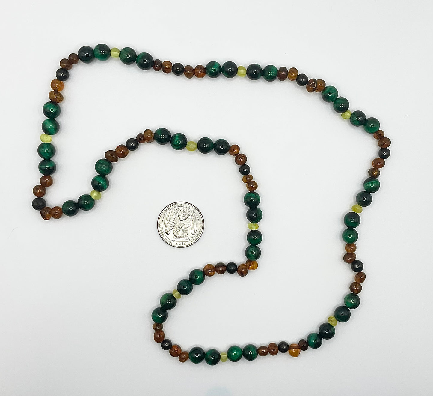 Amber and Jet with Green Tigers Eye Necklace