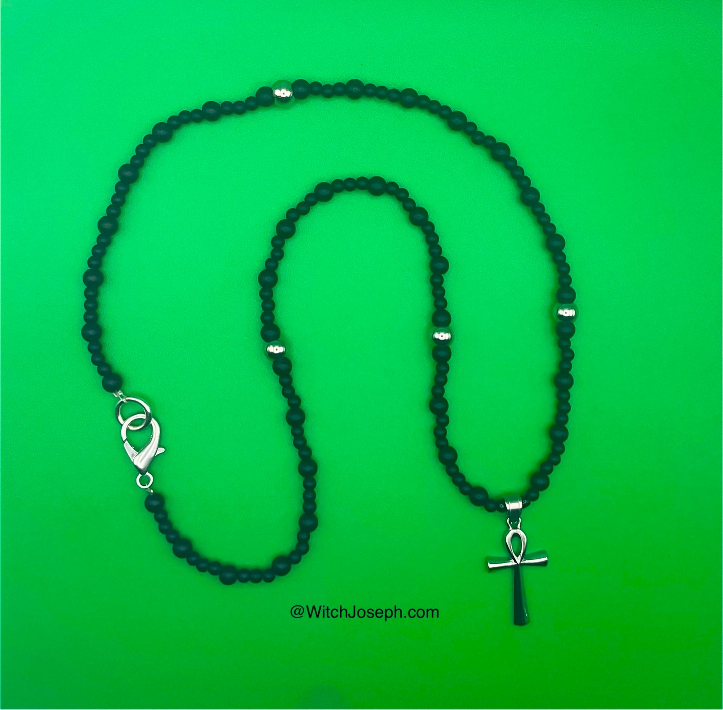 Ankh Talisman With Black Beads and Steel Accents