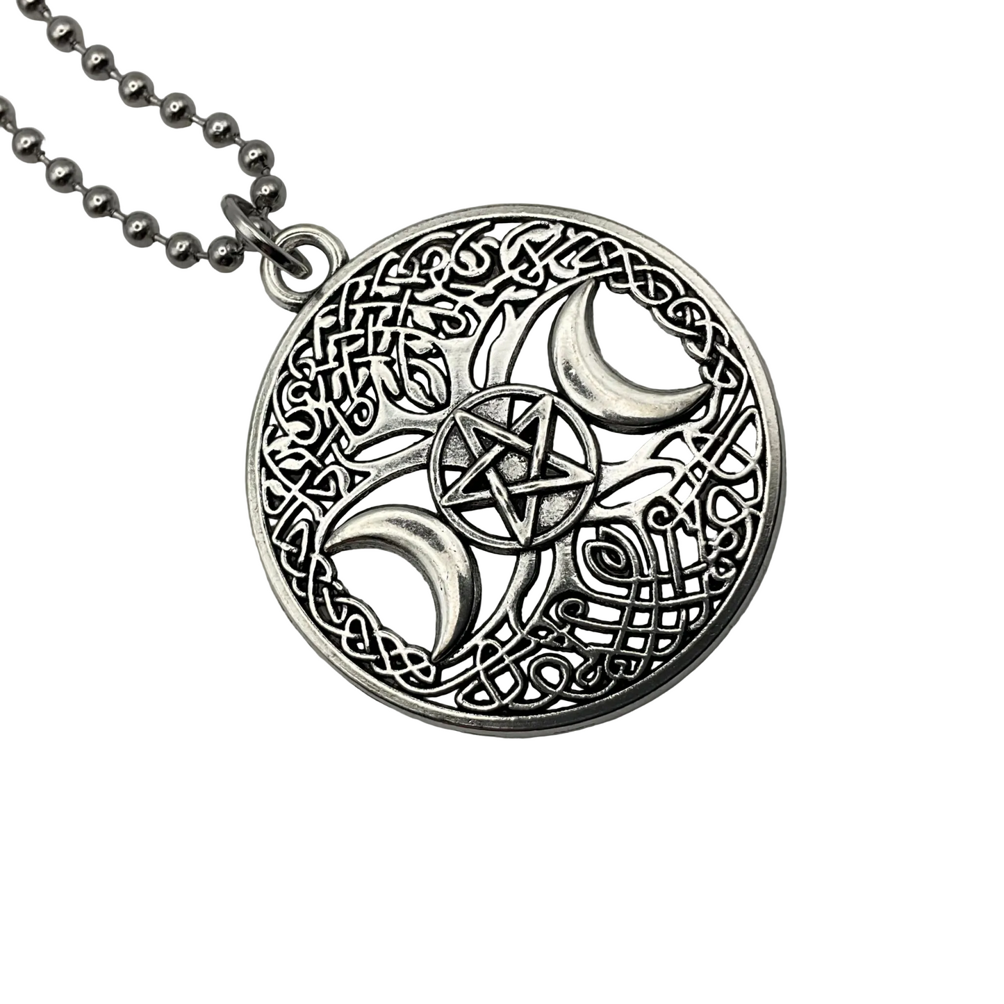 Silver pendant with Celtic tree of life knot design, triple Goddess symbol, and pentacle on a white background