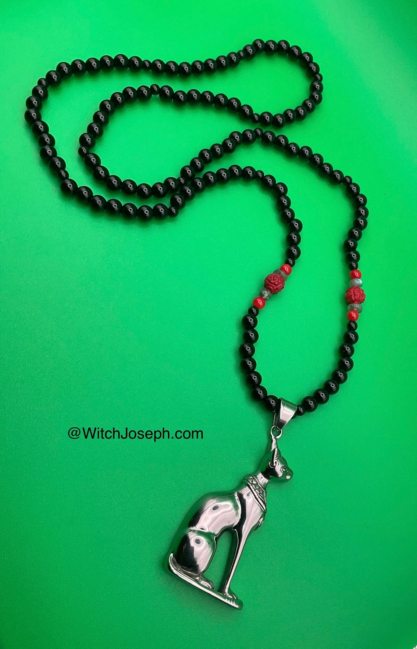 Bastet Talisman with Red Coral Rose and Labradorite Chips