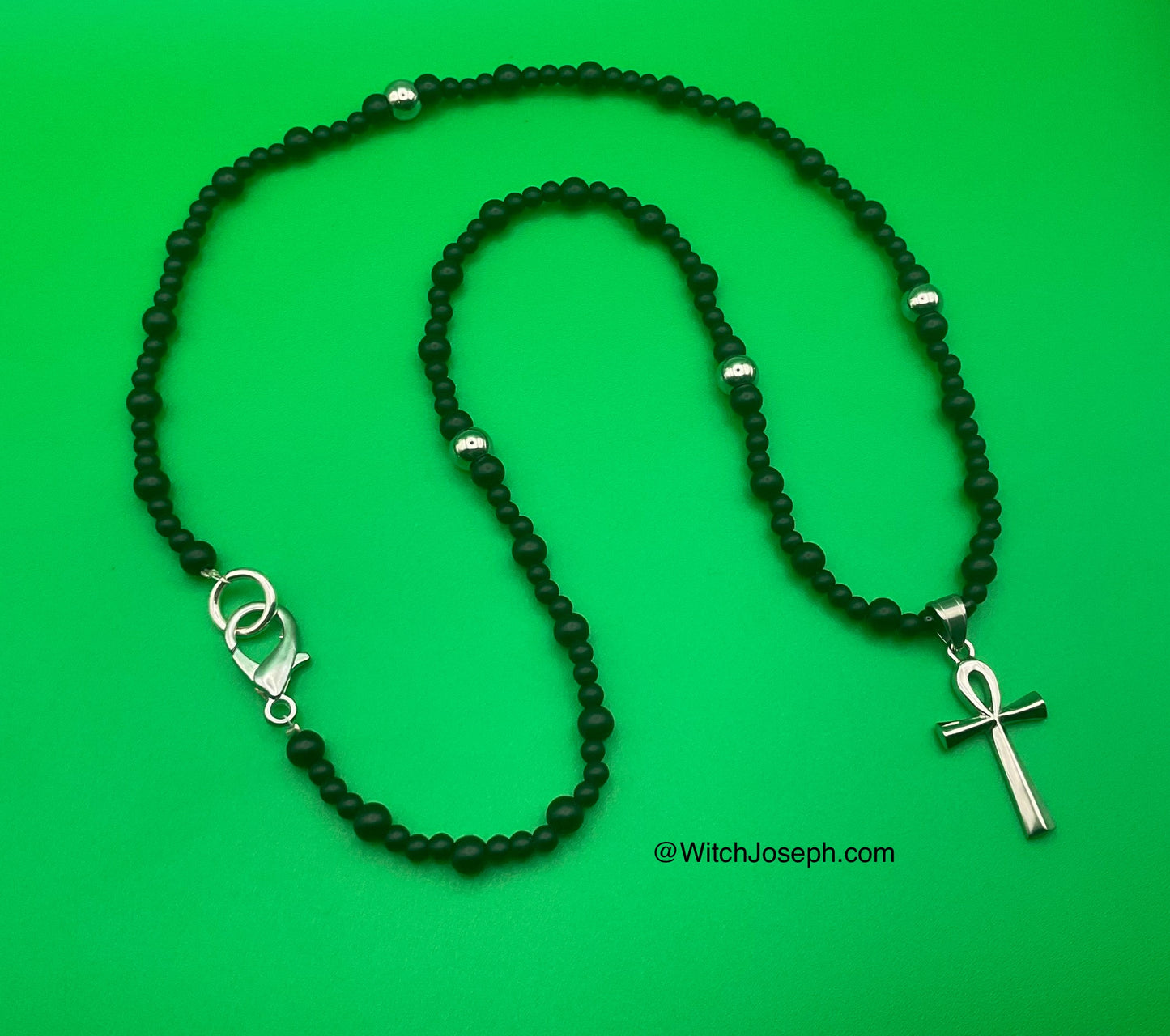 Ankh Talisman With Black Beads and Steel Accents