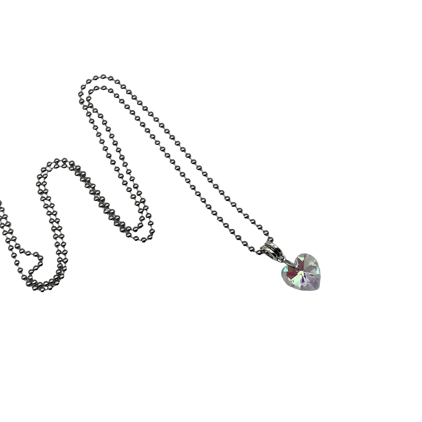Ball chain charm Necklace with a sparkling crystal heart pendant on a white background