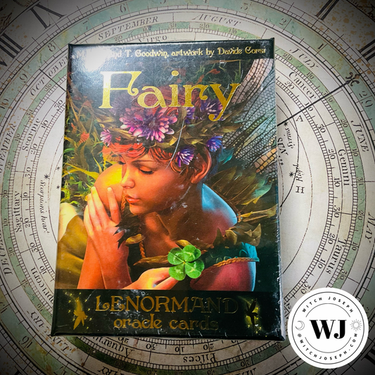 Fairy Lenormand oracle cards packaging on a circular astrological chart with 'WJ' logo.