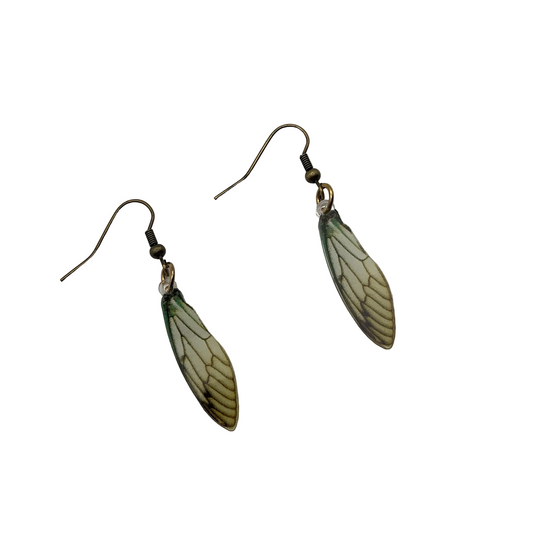 Pair of green and yellow wing-shaped fairy wing earrings on a white background