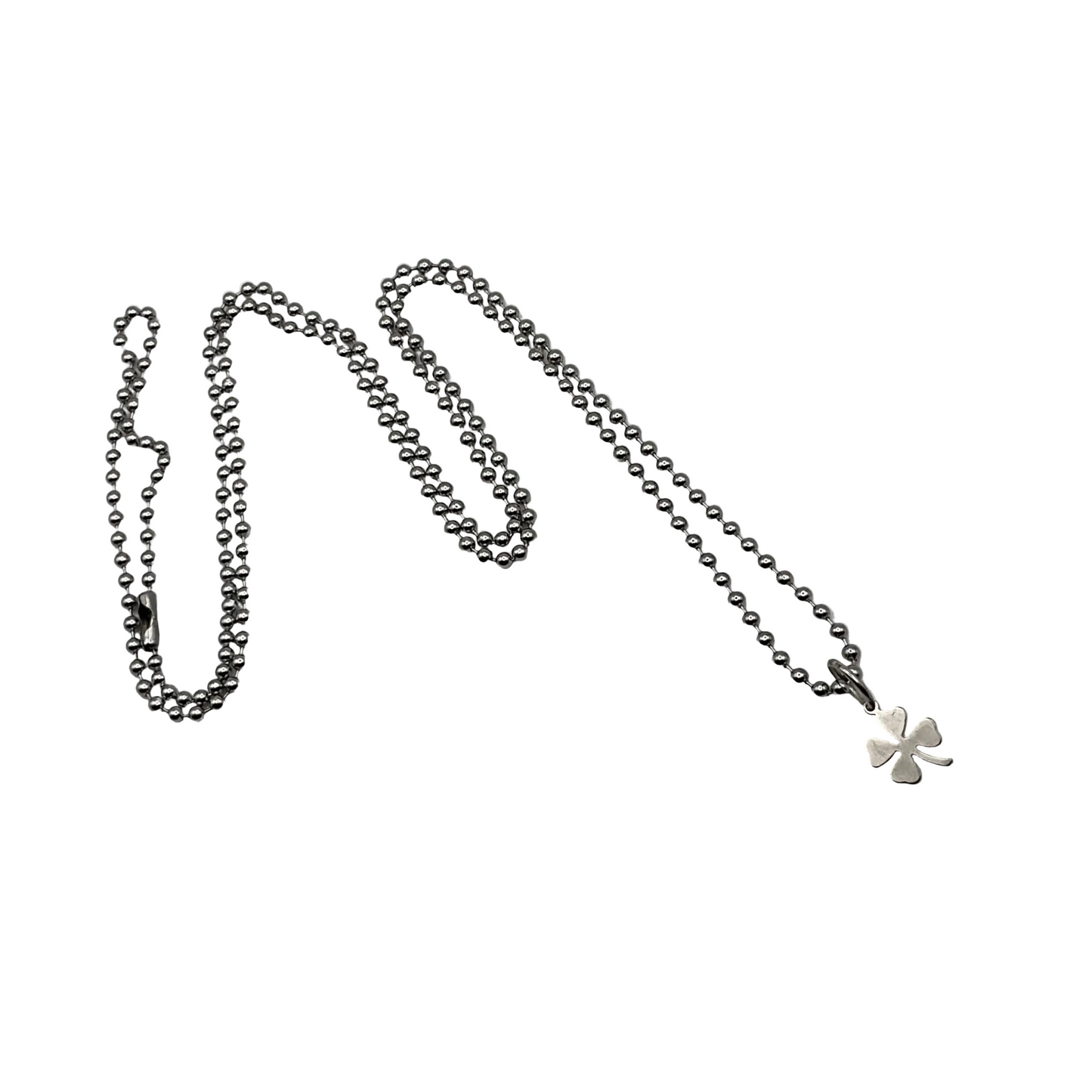 Charm Necklace with a four-leaf clover pendant one a ball chain displayed on a white background