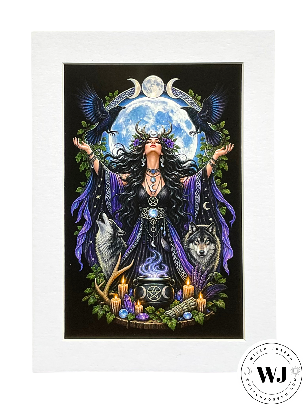 A vertical art print in white mat featuring a dark fantasy illustration of a witch-like figure with outstretched arms, a full moon behind her, ravens, a wolf, candles, crystals, and a cauldron. The print is centered on a white background with a circular 'WJ' logo in the bottom right corner.