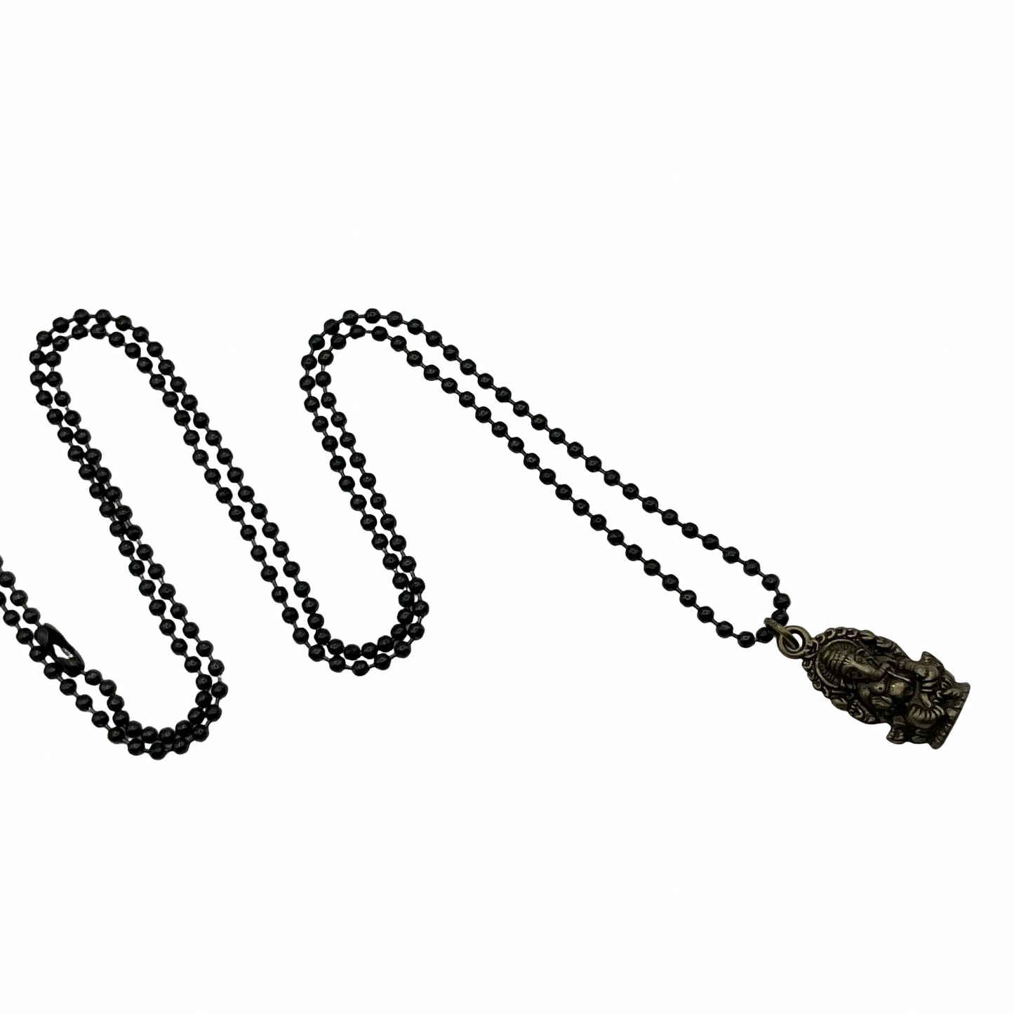 Black ball chain necklace with a Lord Ganesha pendant on a white background