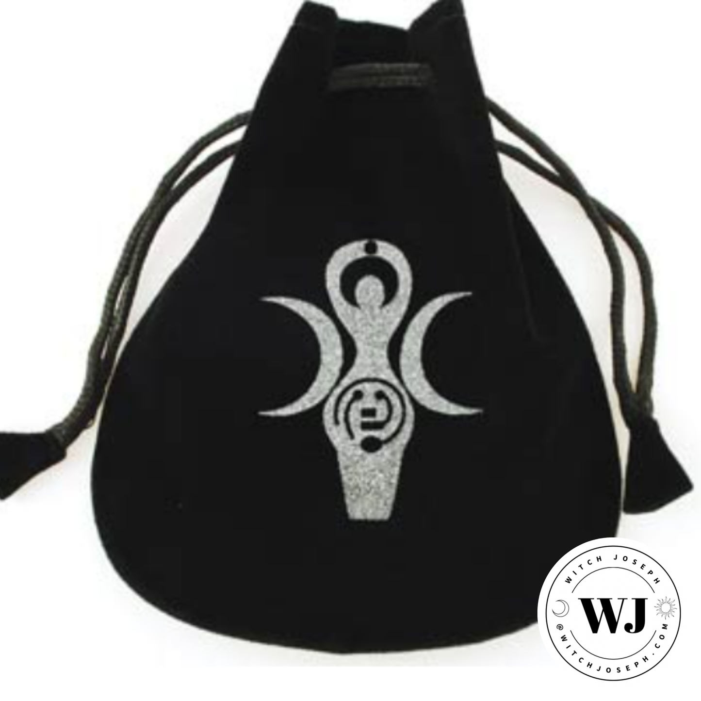 Black drawstring bag with a Goddess symbol displayed on a white background