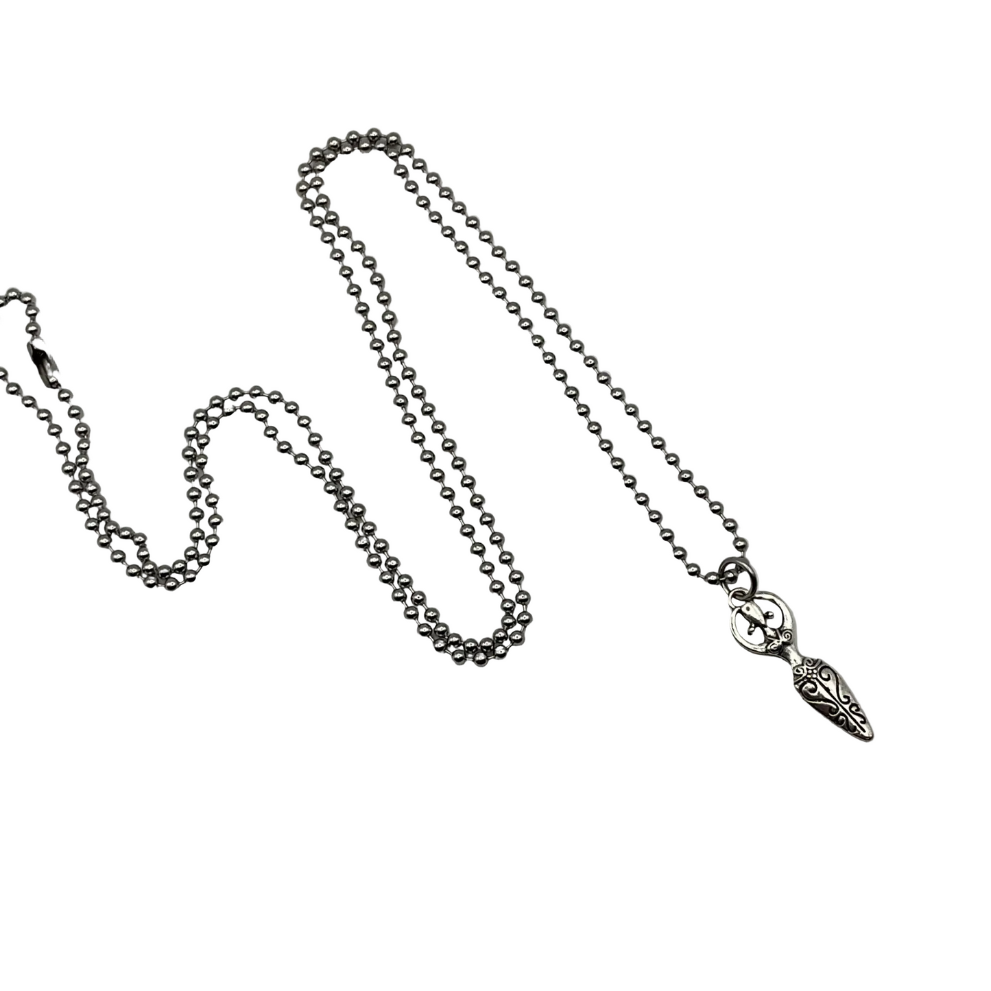 Silver tone ball chain charm necklace with a Goddess pendant on a white background