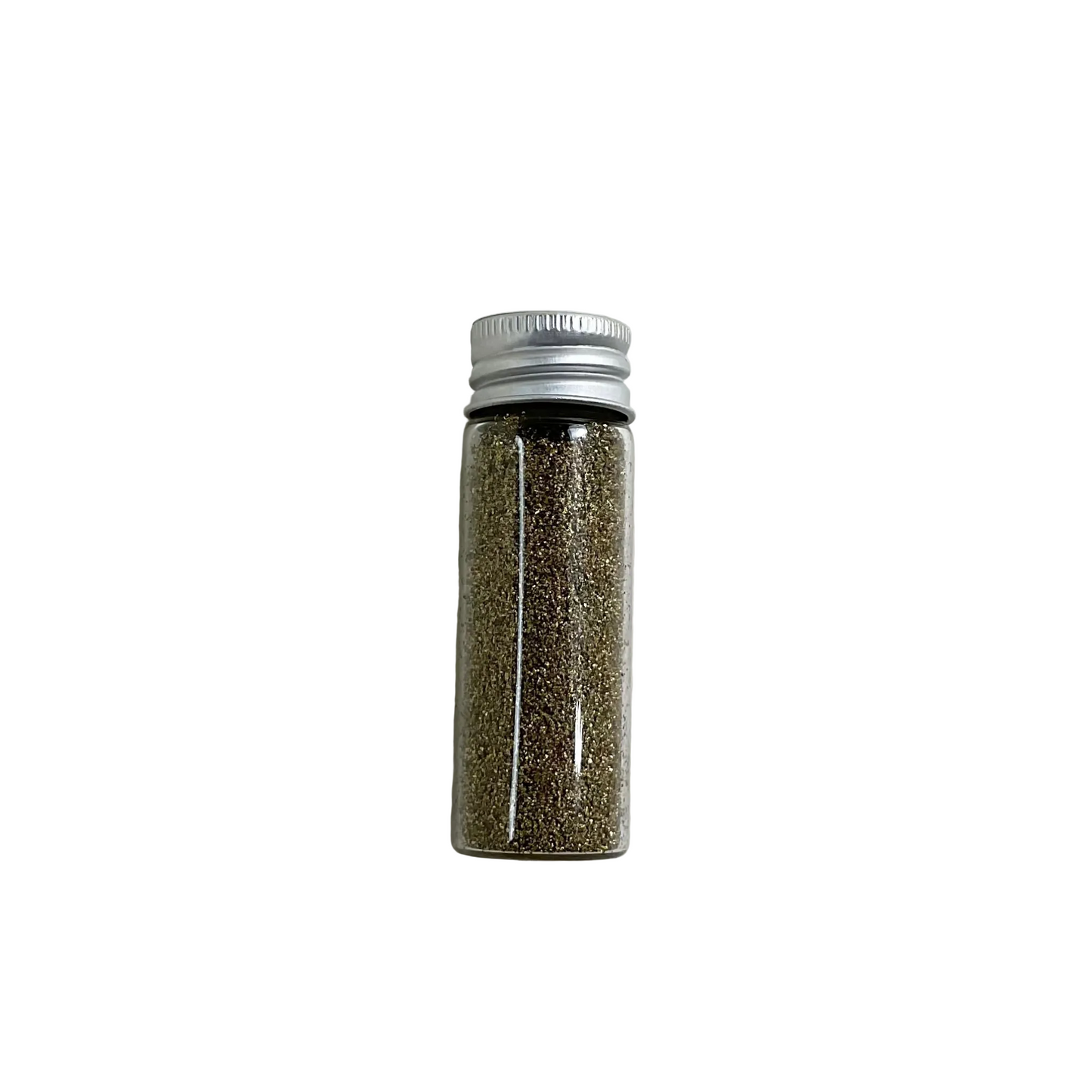 Small glass jar with a metal lid containing a gold magnetic sand displayed on a white background