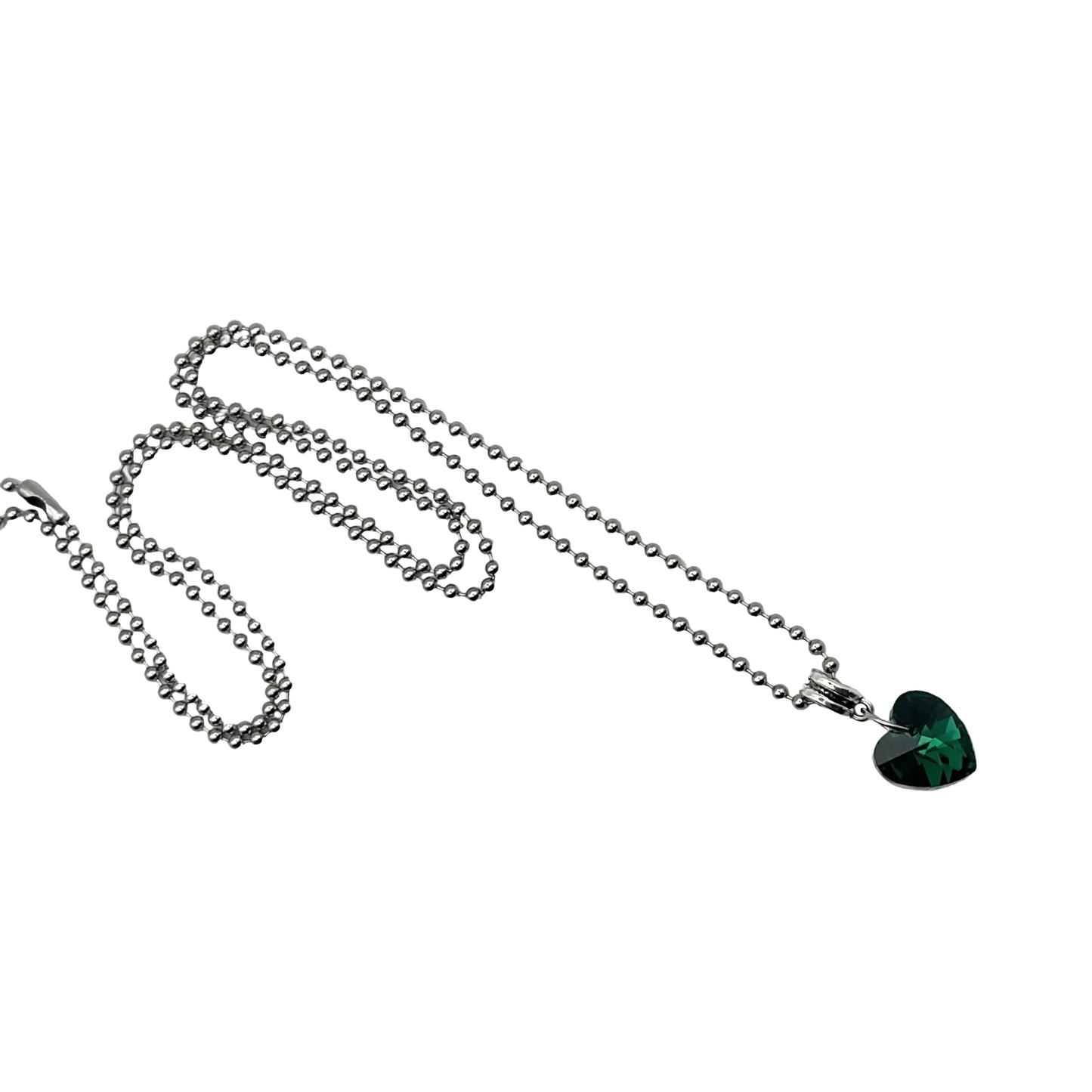 Ball chain Necklace with a heart-shaped green crystal pendant on a white background
