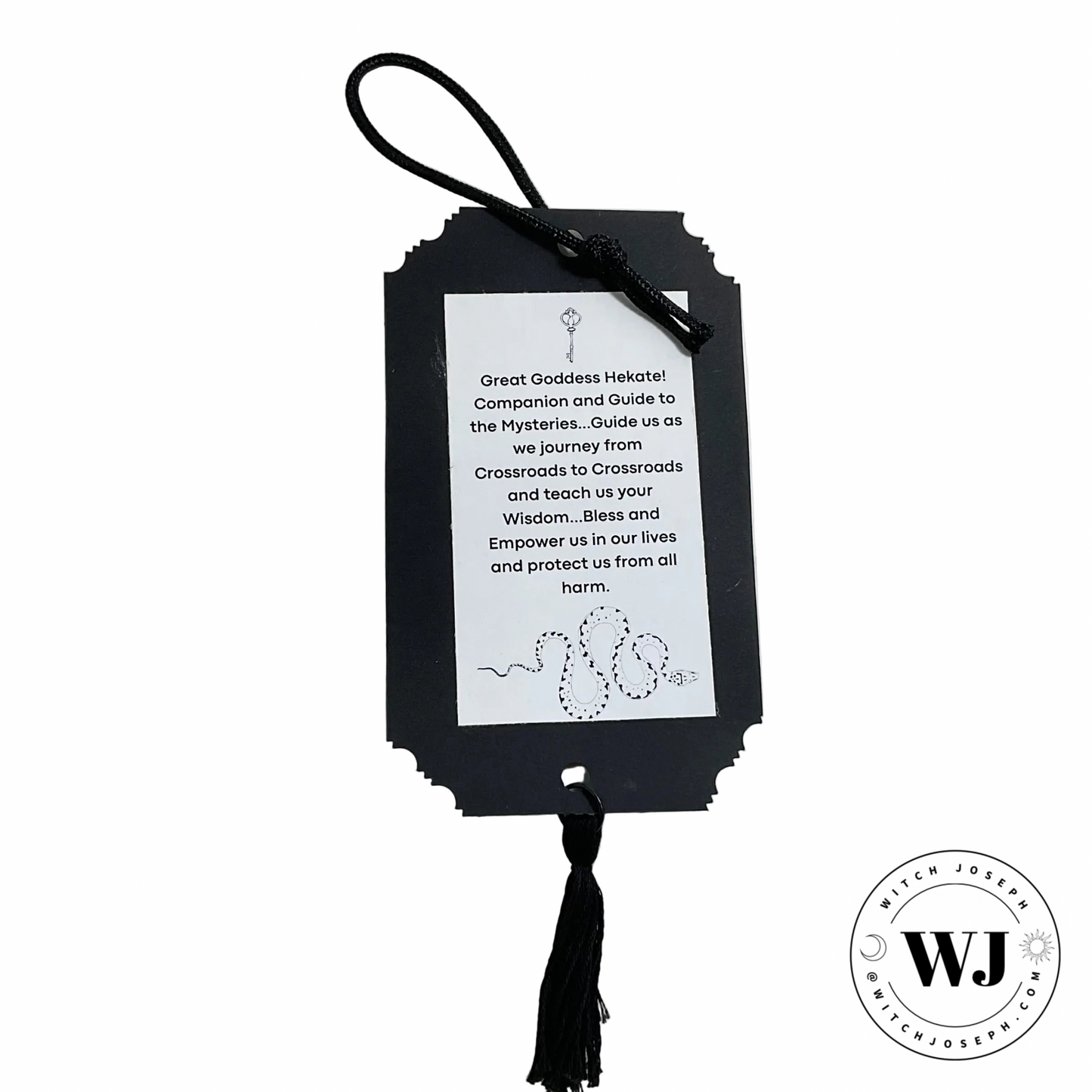 Black prayer card to Hekate with tassel on a white background, featuring the brand 'WJ'.