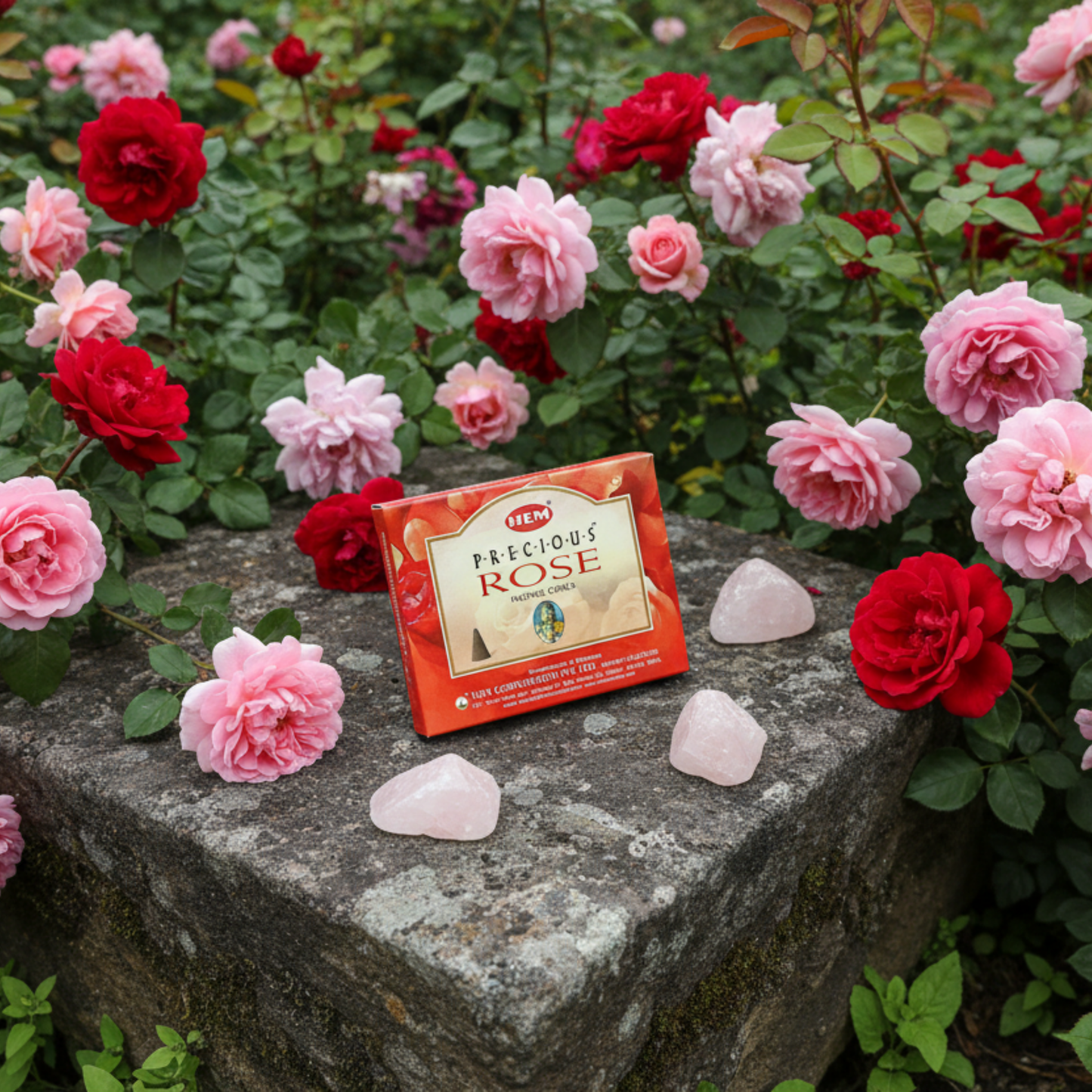 Box of Hem Rose Incense Cones labeled 'Precious Rose' on a stone surface with pink and red roses in the background.