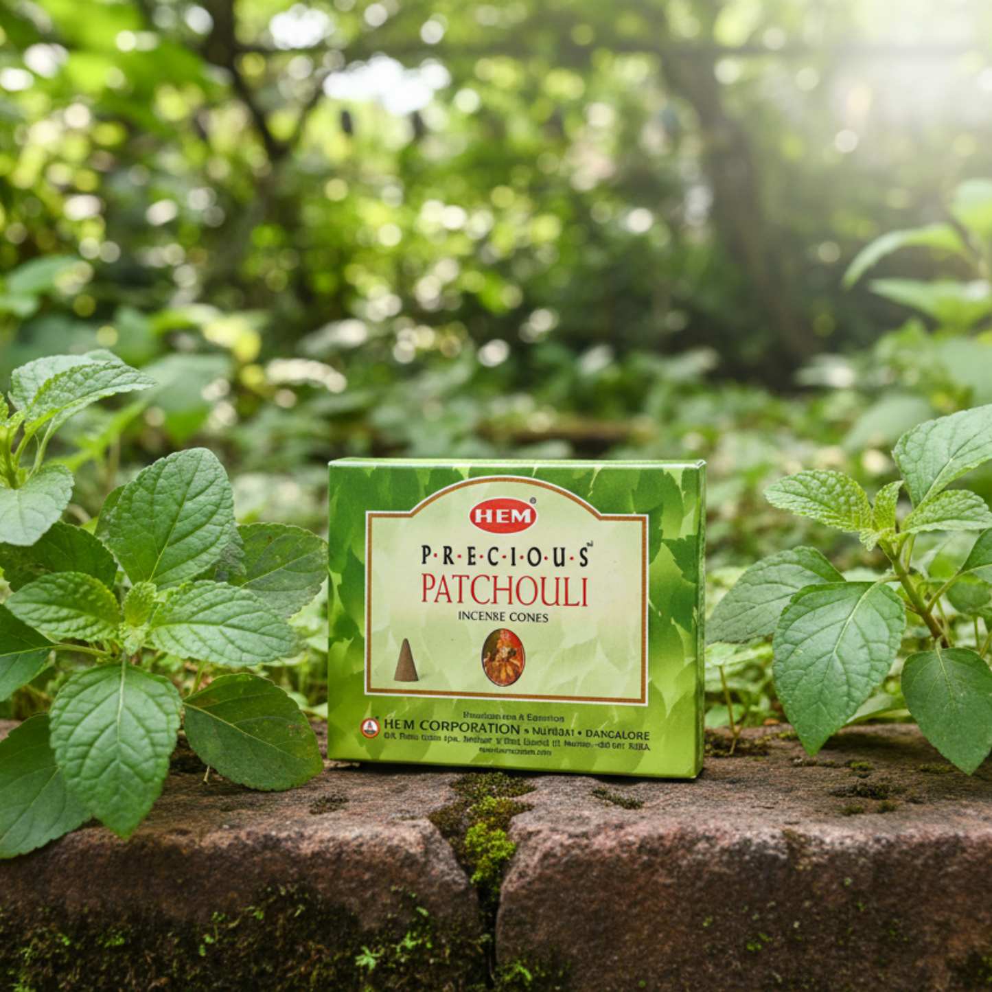 Box of HEM Precious Patchouli incense cones on a stone ledge with green foliage in the background