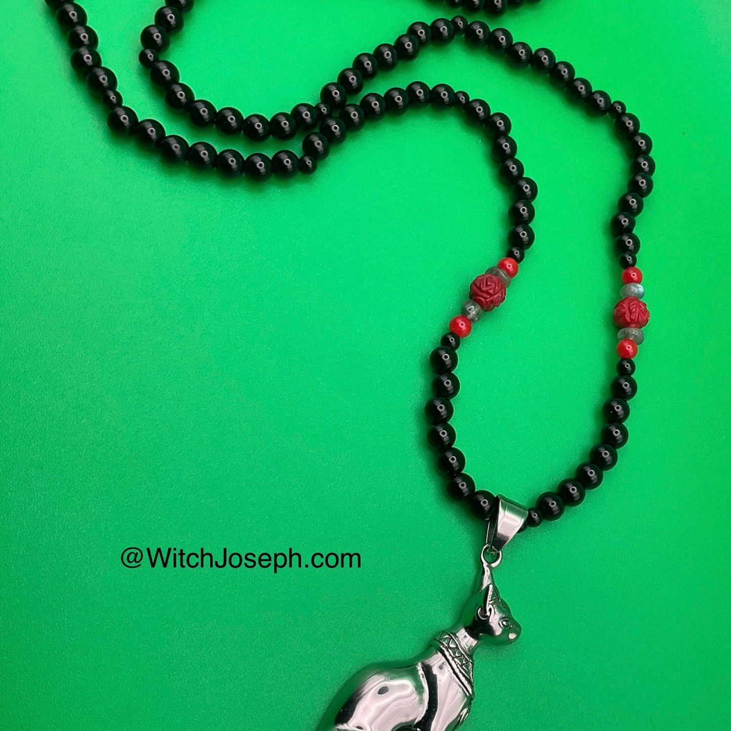 Bastet Talisman with Red Coral Rose and Labradorite Chips
