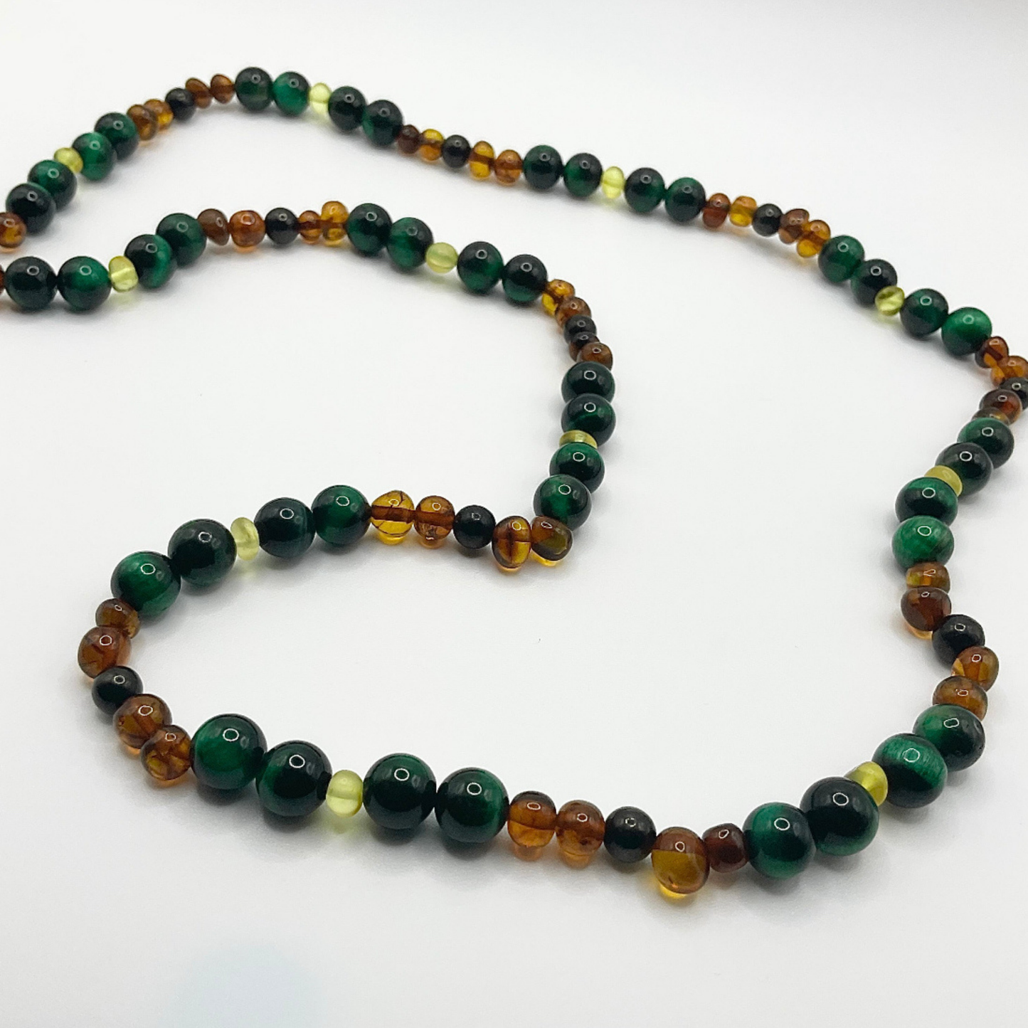 Amber and Jet with Green Tigers Eye Necklace