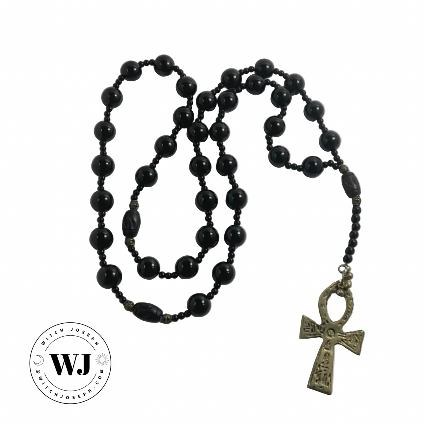 Black beaded prayer necklace beads with a ankh pendant displayed on a white background, featuring the brand 'Witch Joseph’